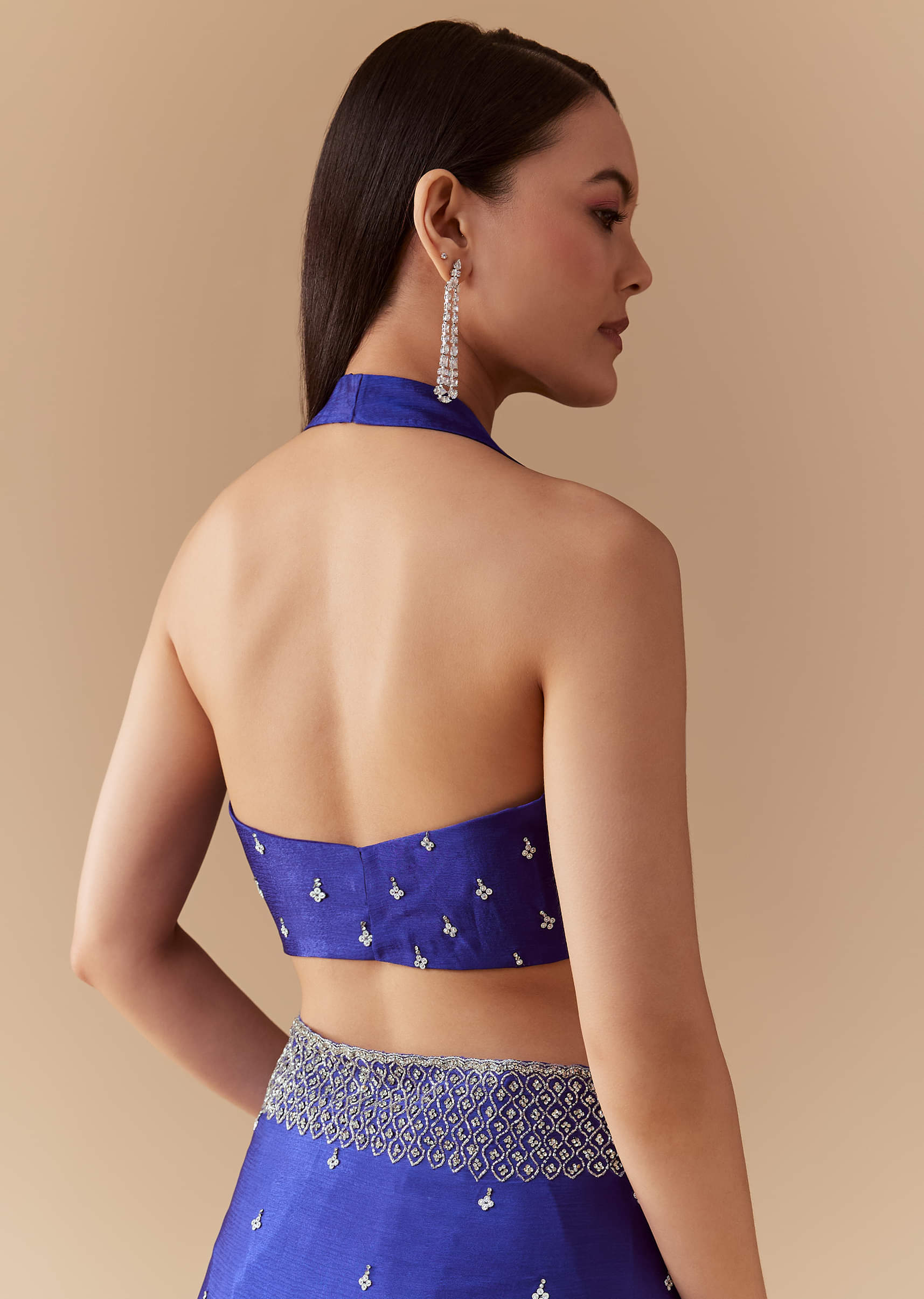 Royal Blue Mirror Embellished Saree with Unstitched Blouse - Image 8