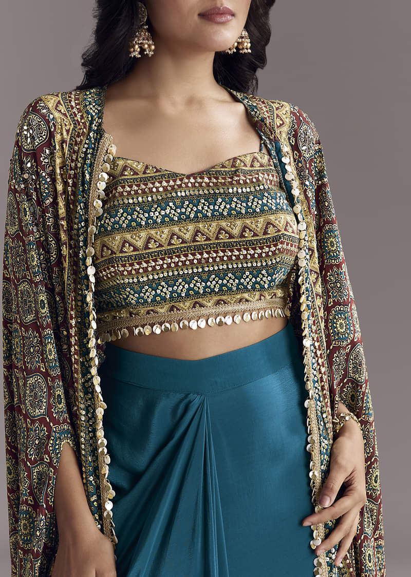 Royal Blue Printed Crop Top Skirt Set With Ajrakh Cape - Image 2