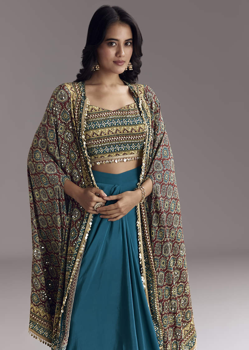 Royal Blue Printed Crop Top Skirt Set With Ajrakh Cape - Image 4