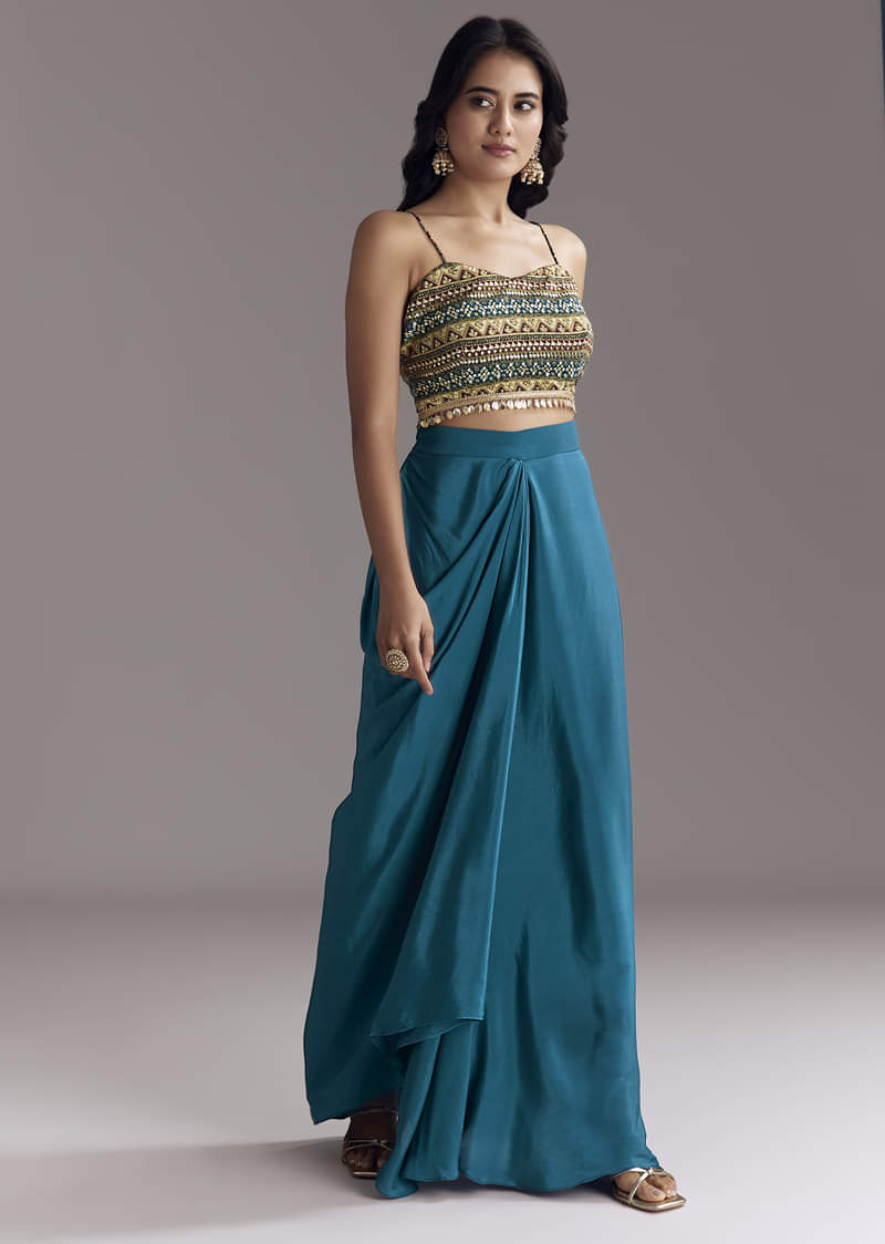 Royal Blue Printed Crop Top Skirt Set With Ajrakh Cape - Image 5