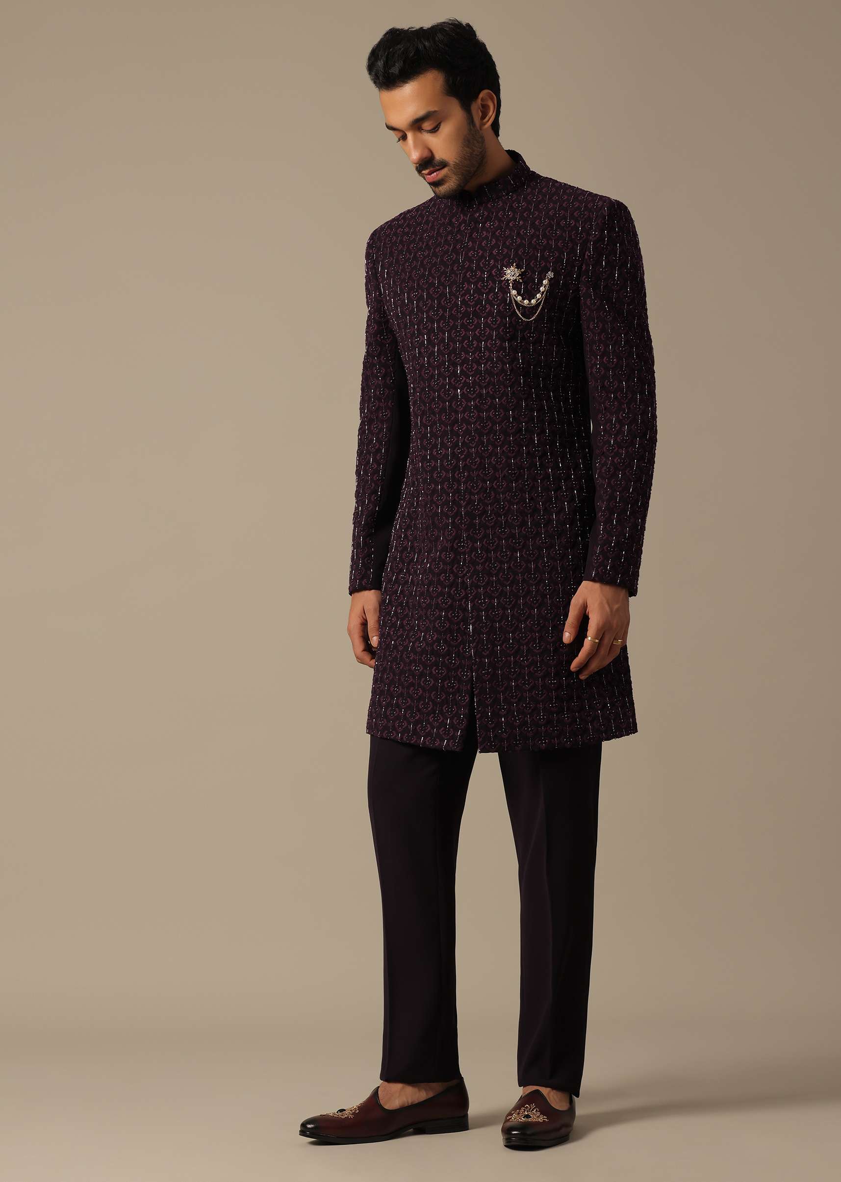 Royal Purple Embroidered Sherwani Set - Image 3