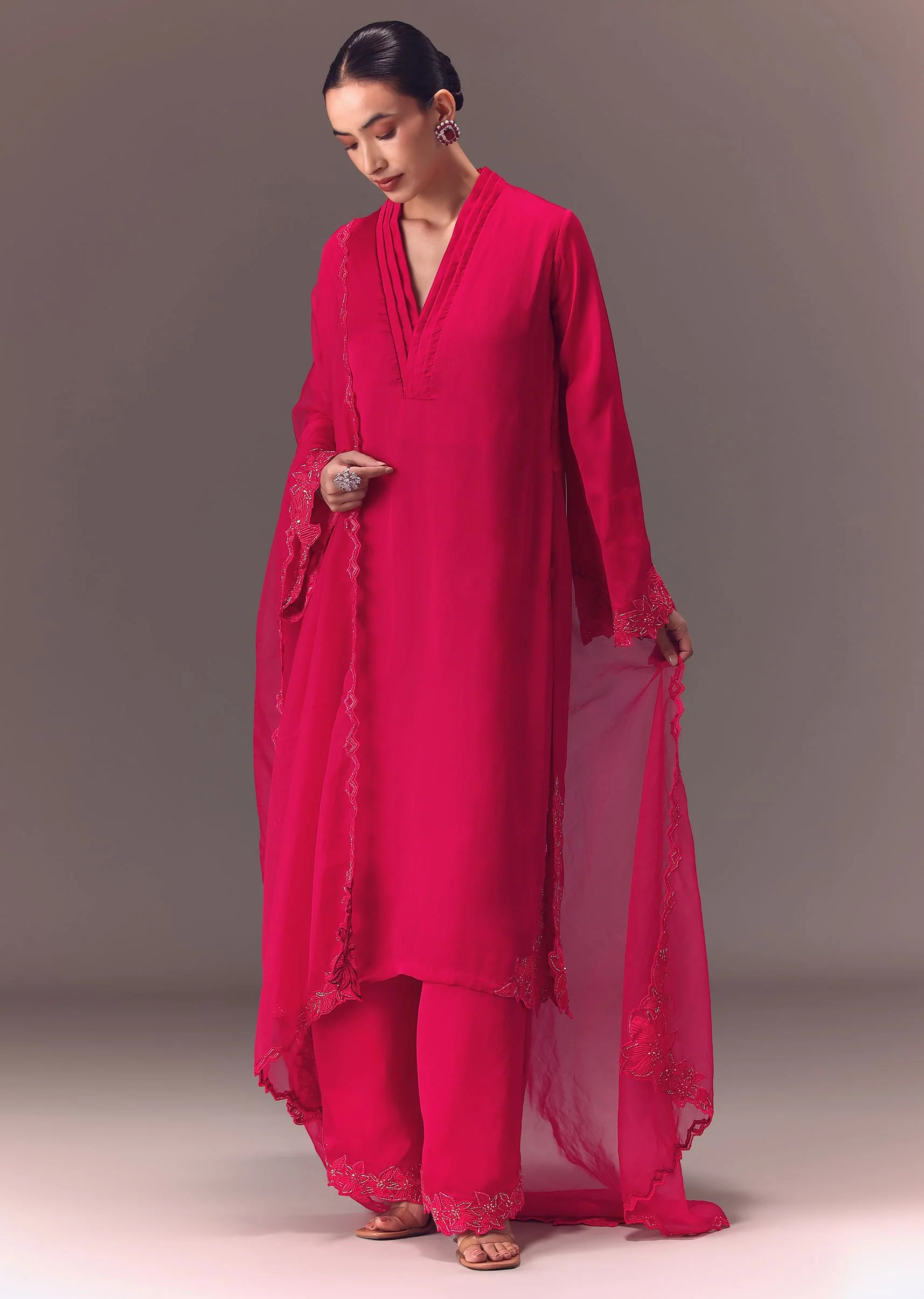 Ruby Pink Organza Kurta Set With Bell Sleeves - Image 4