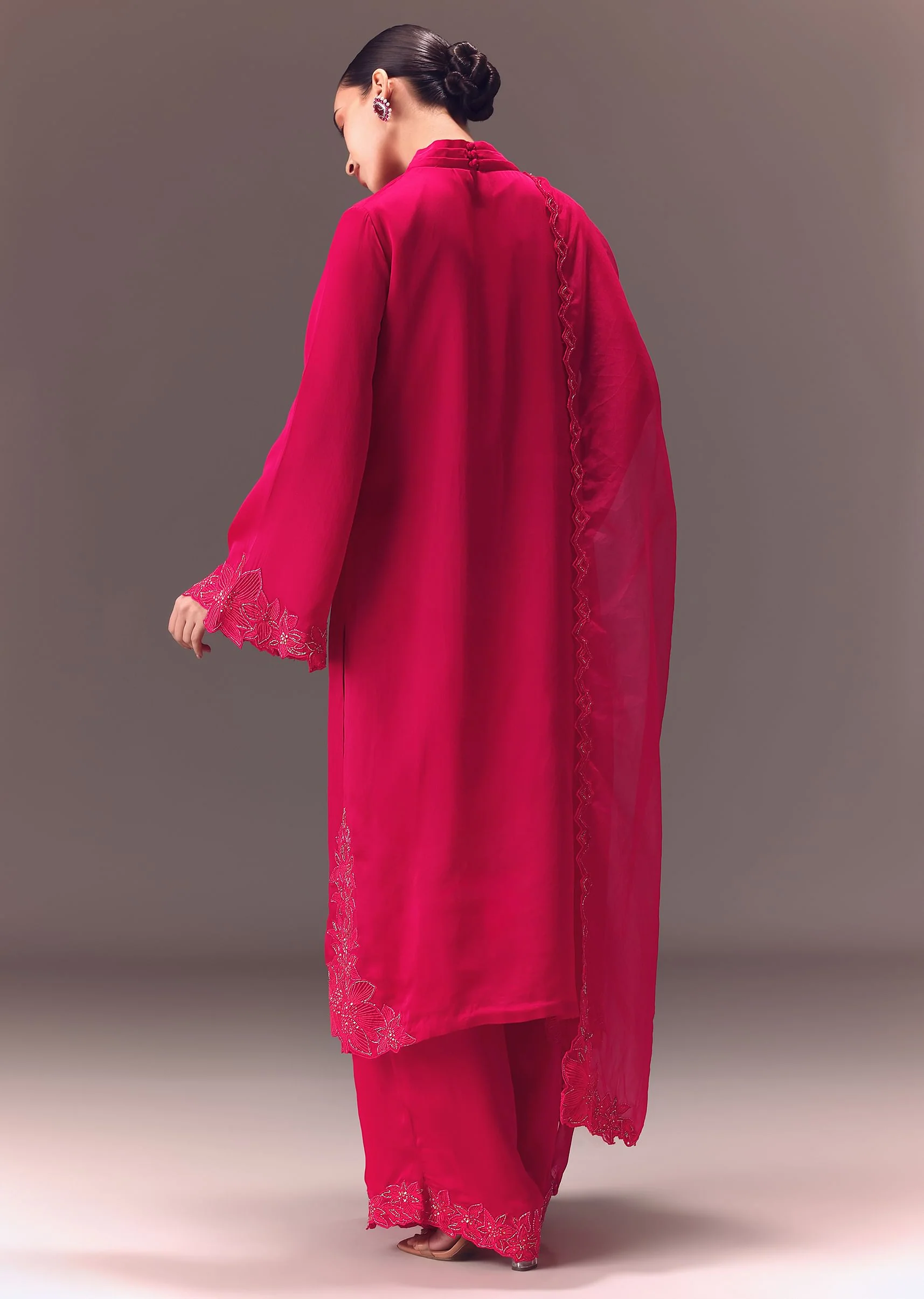Ruby Pink Organza Kurta Set With Bell Sleeves - Image 5