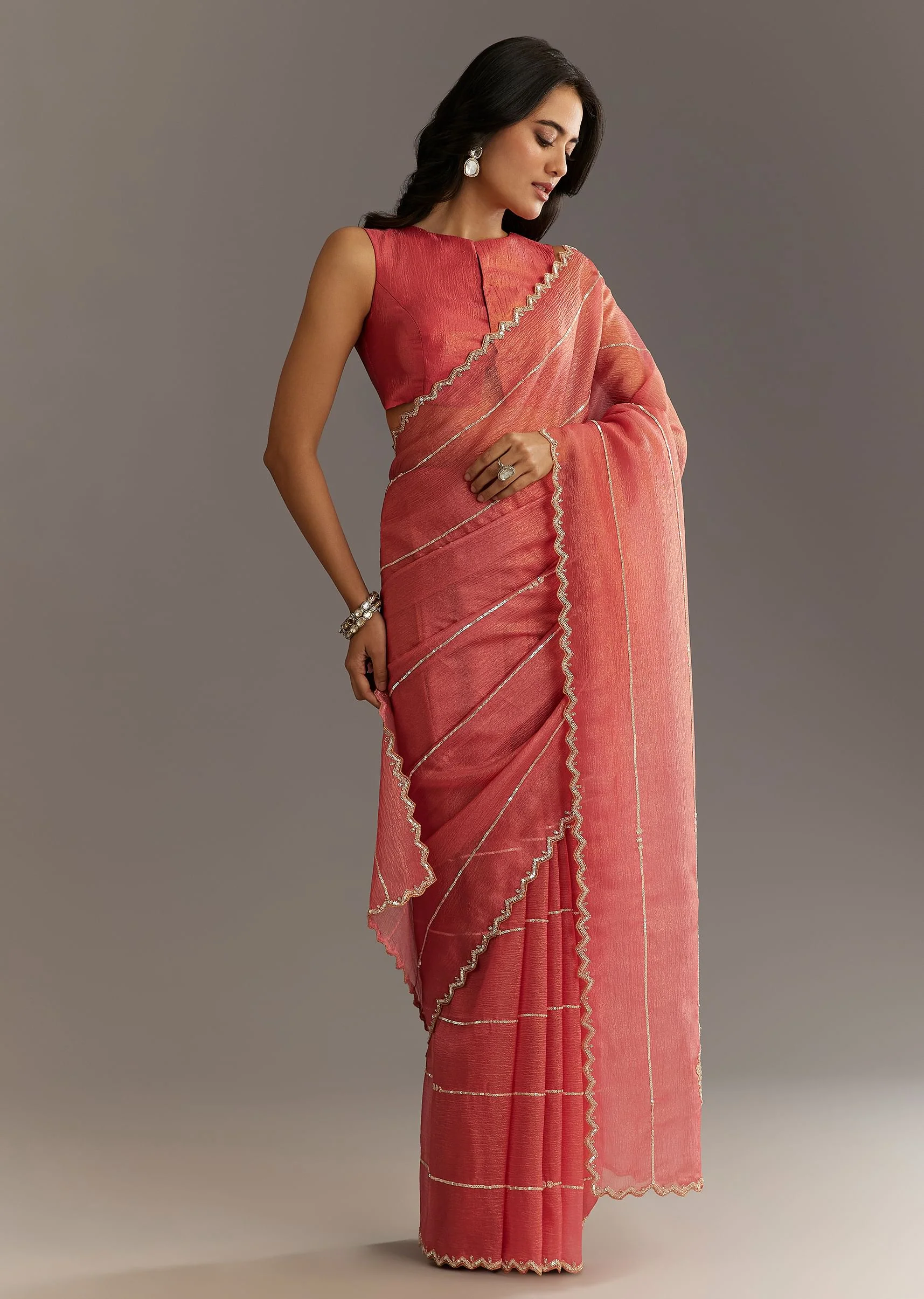 Rush Peach Crushed Tissue Saree With Scallop Embroidered Border - Image 3
