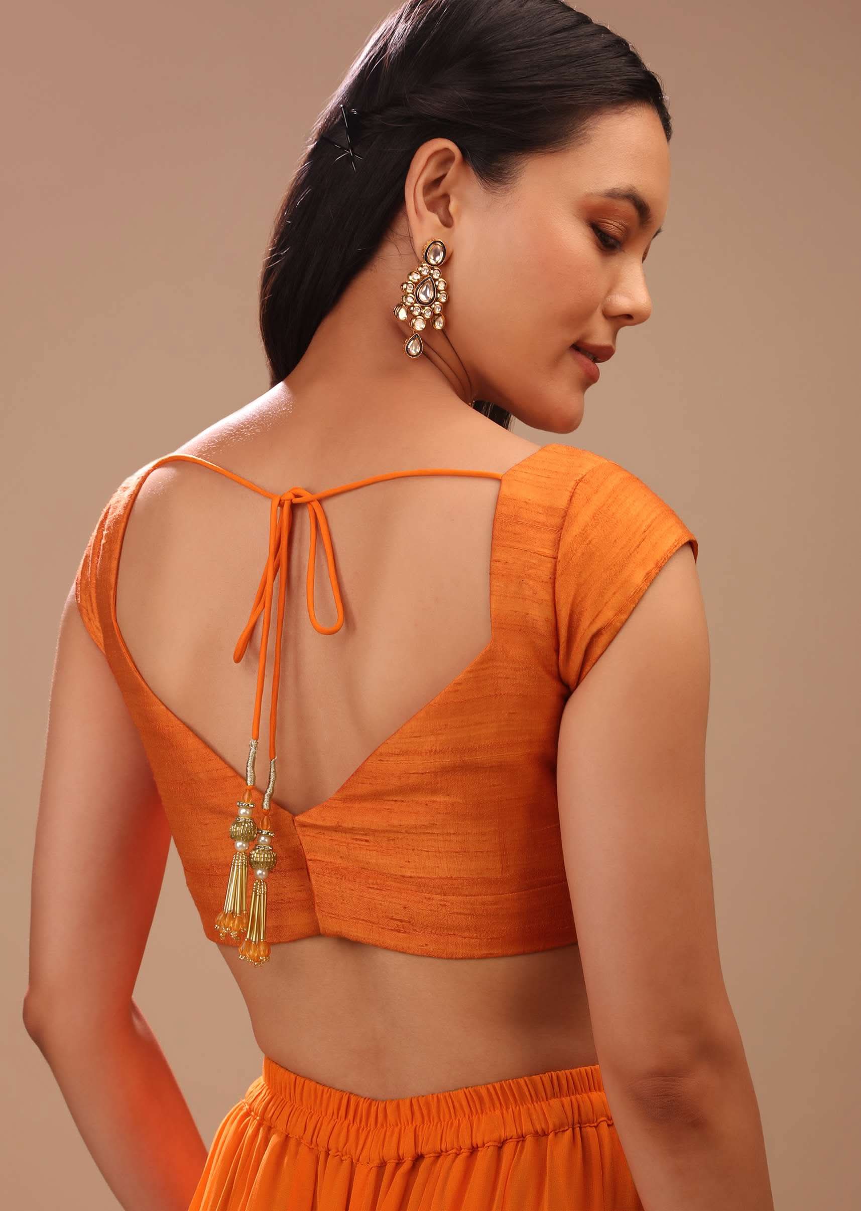 Russet Orange Blouse In Raw Silk With Sweetheart Neckline And Cap Sleeves - Image 2