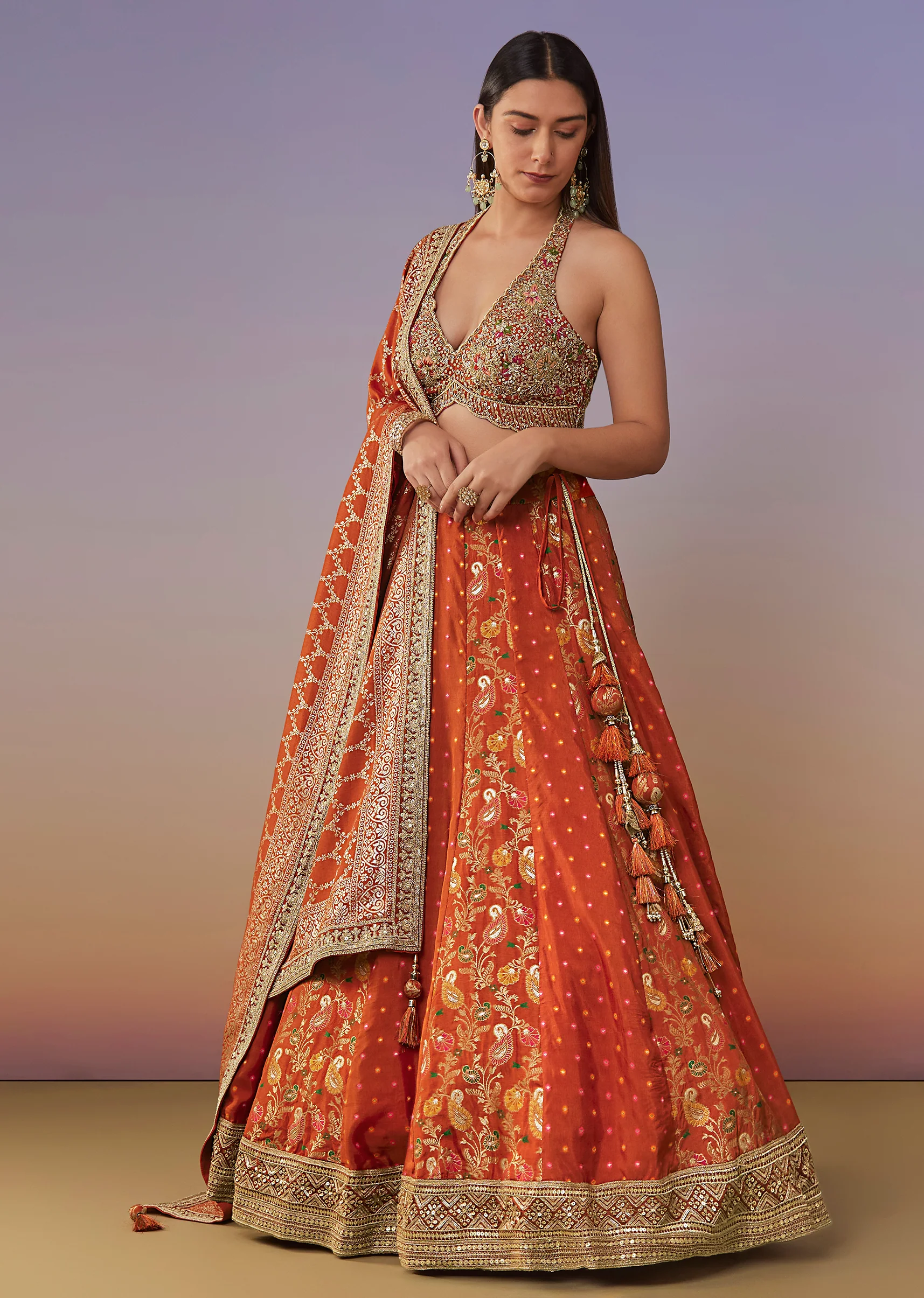 Rust Banarasi Silk Bridesmaid Lehenga - Image 4