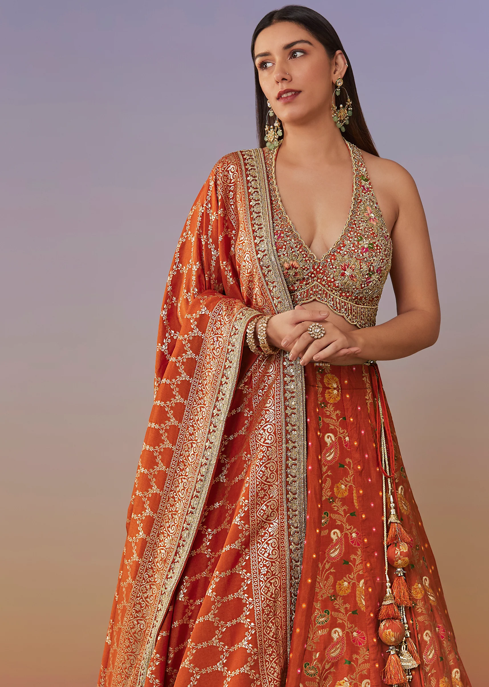 Rust Banarasi Silk Bridesmaid Lehenga - Image 5