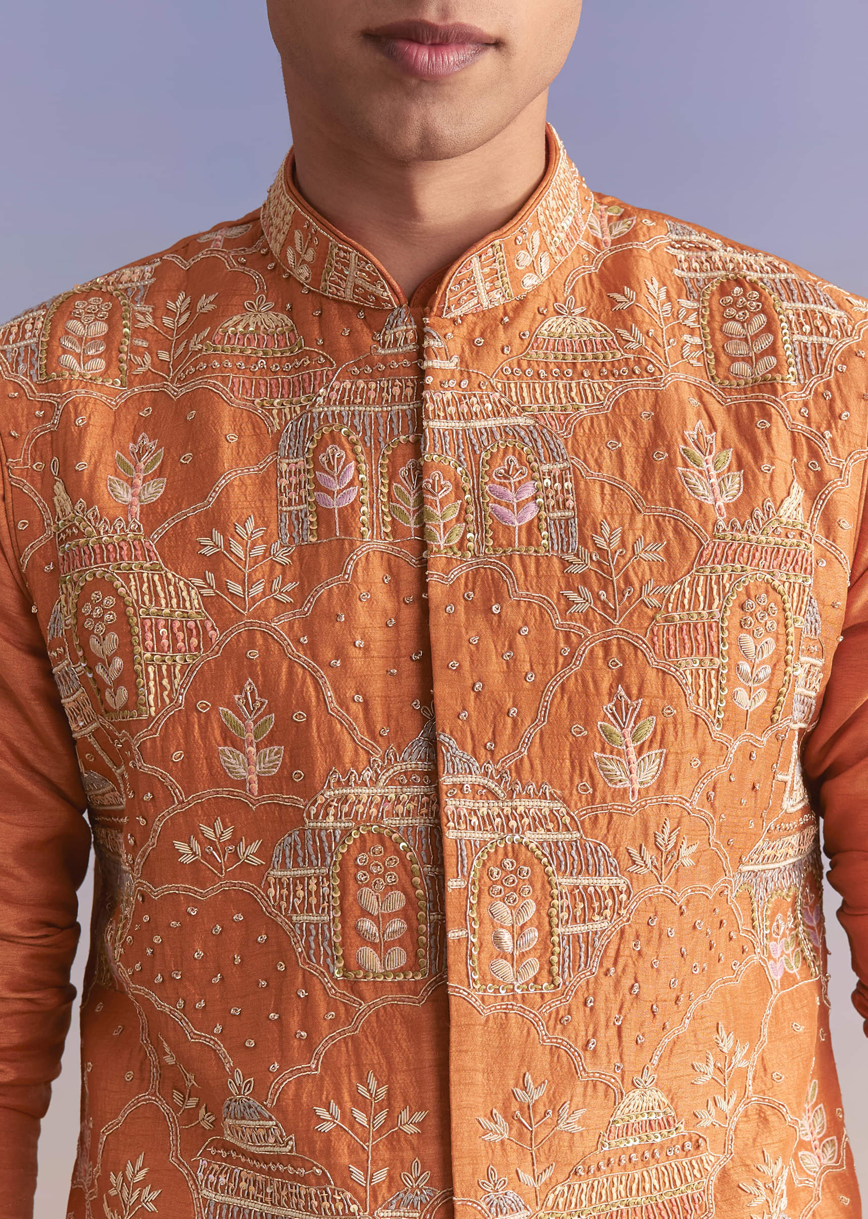 Rust Banarasi Silk Kurta Jacket Set For Men With Embroidery - Image 2