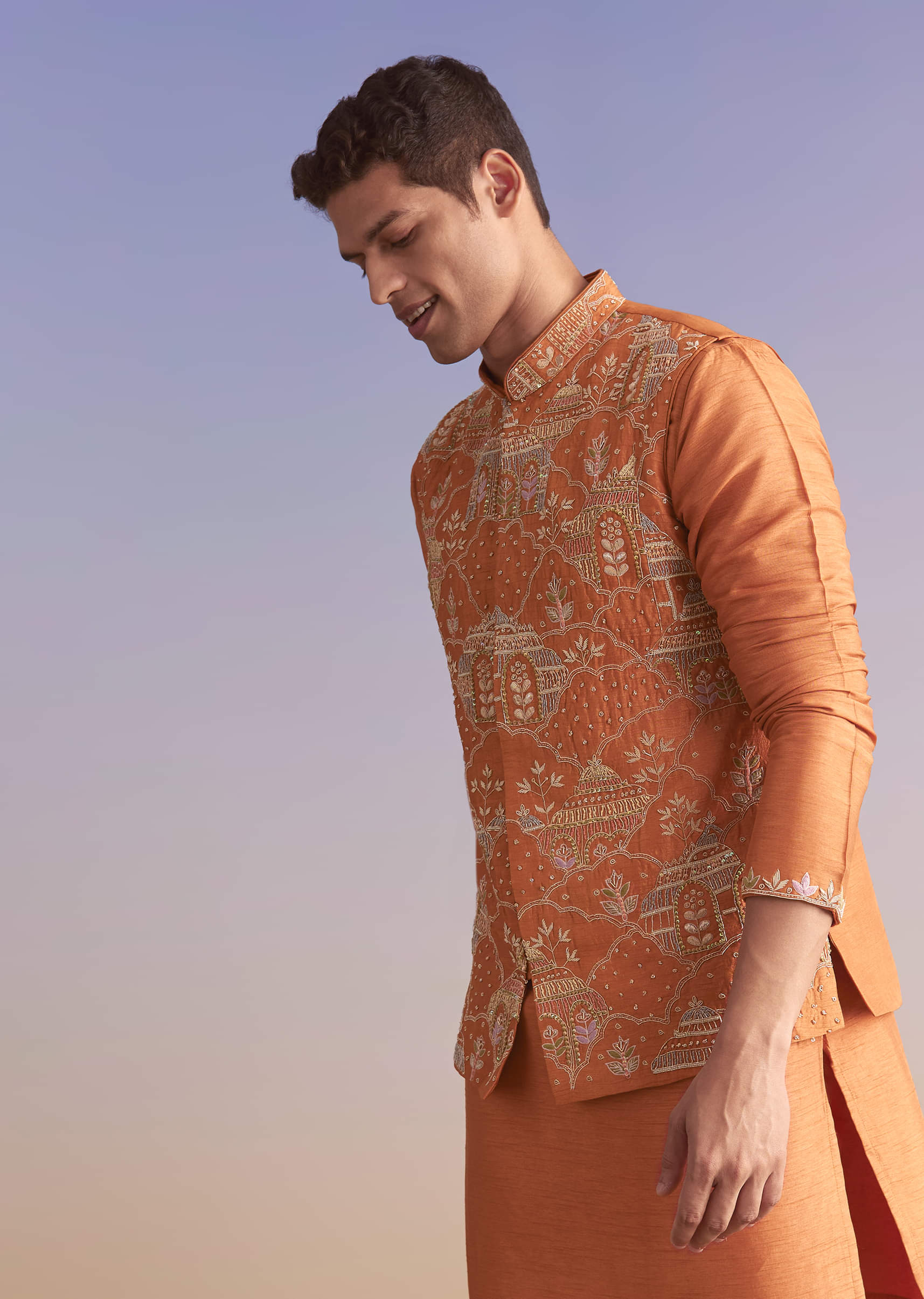 Rust Banarasi Silk Kurta Jacket Set For Men With Embroidery - Image 4