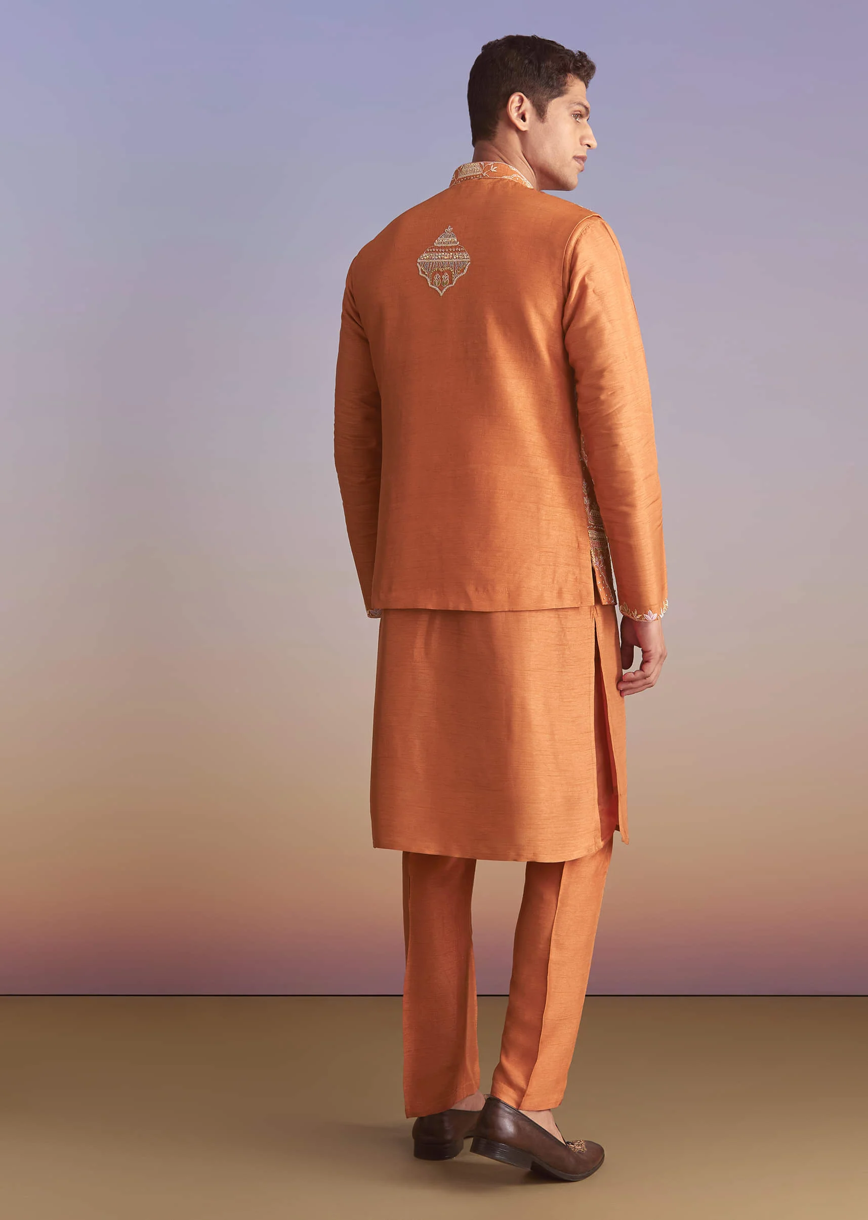 Rust Banarasi Silk Kurta Jacket Set For Men With Embroidery - Image 5