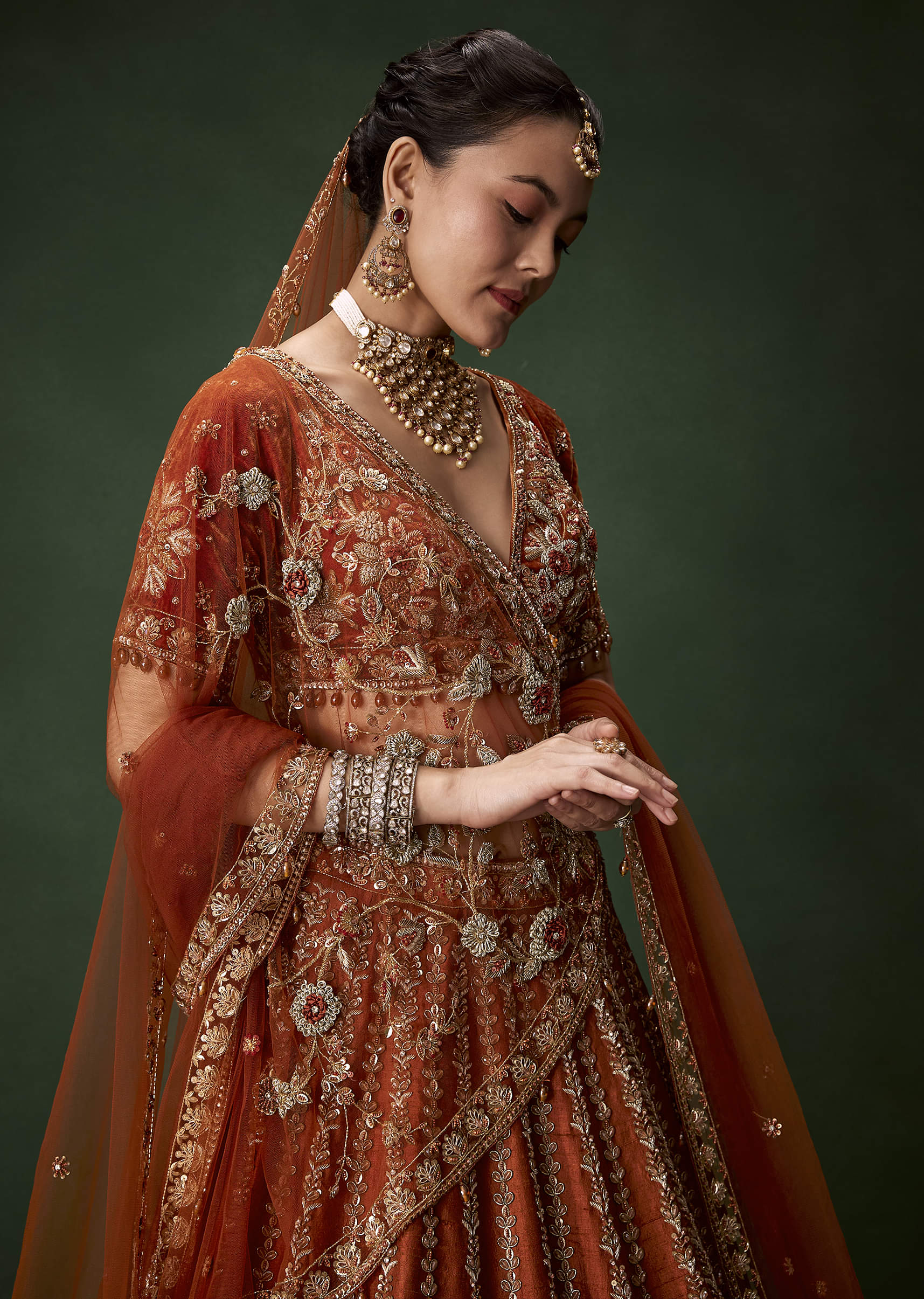 Rust Bridal Raw Silk Embellished Lehenga Set with Two Dupattas - Image 3