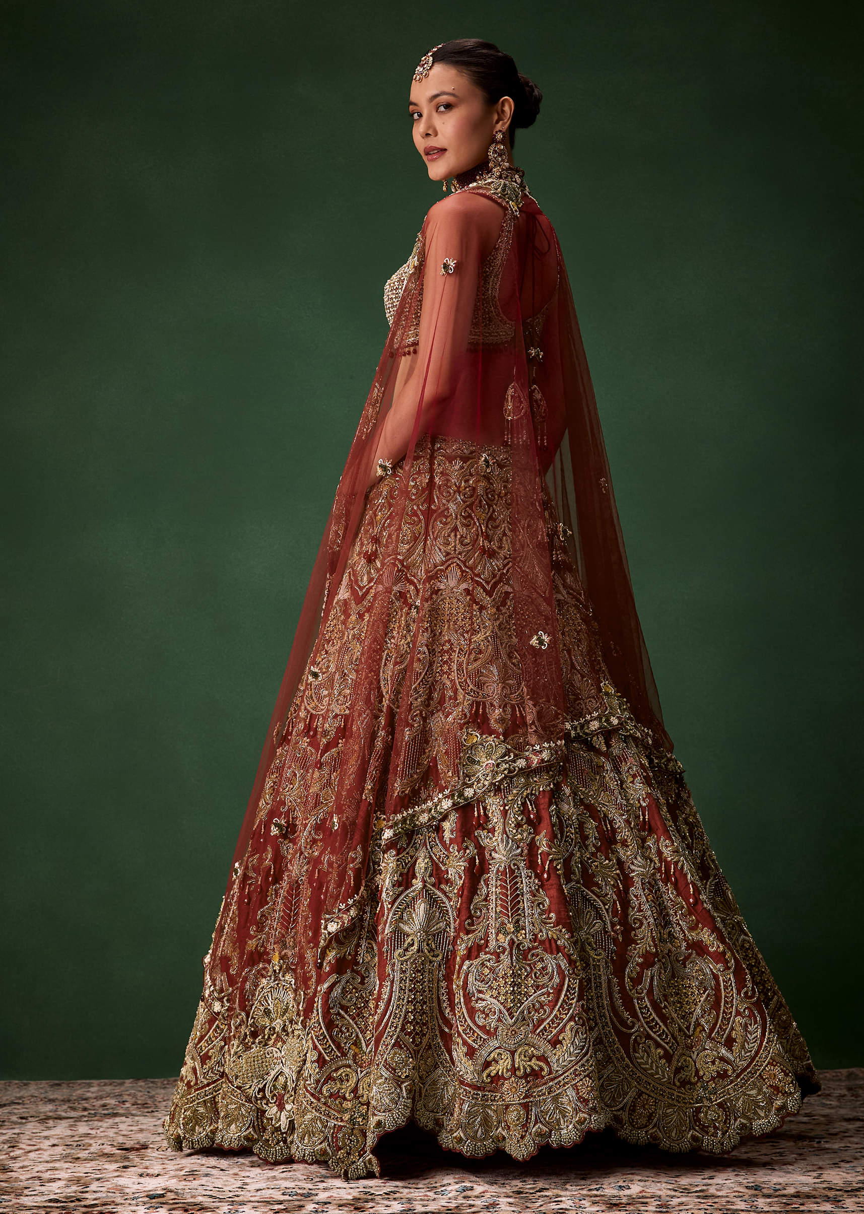 Rust Bridal Silk Embellished Lehenga Set with  Two Dupattas - Image 2