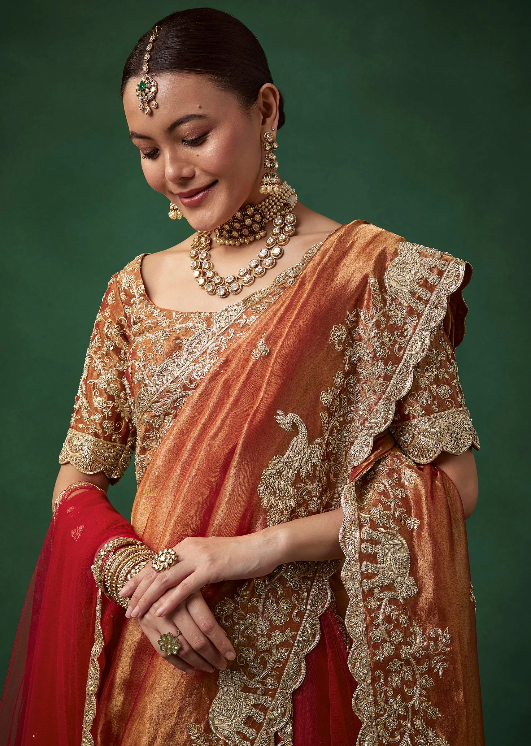 Rust Bridal Silk Organza Saree with Unstitched Blouse - Image 2