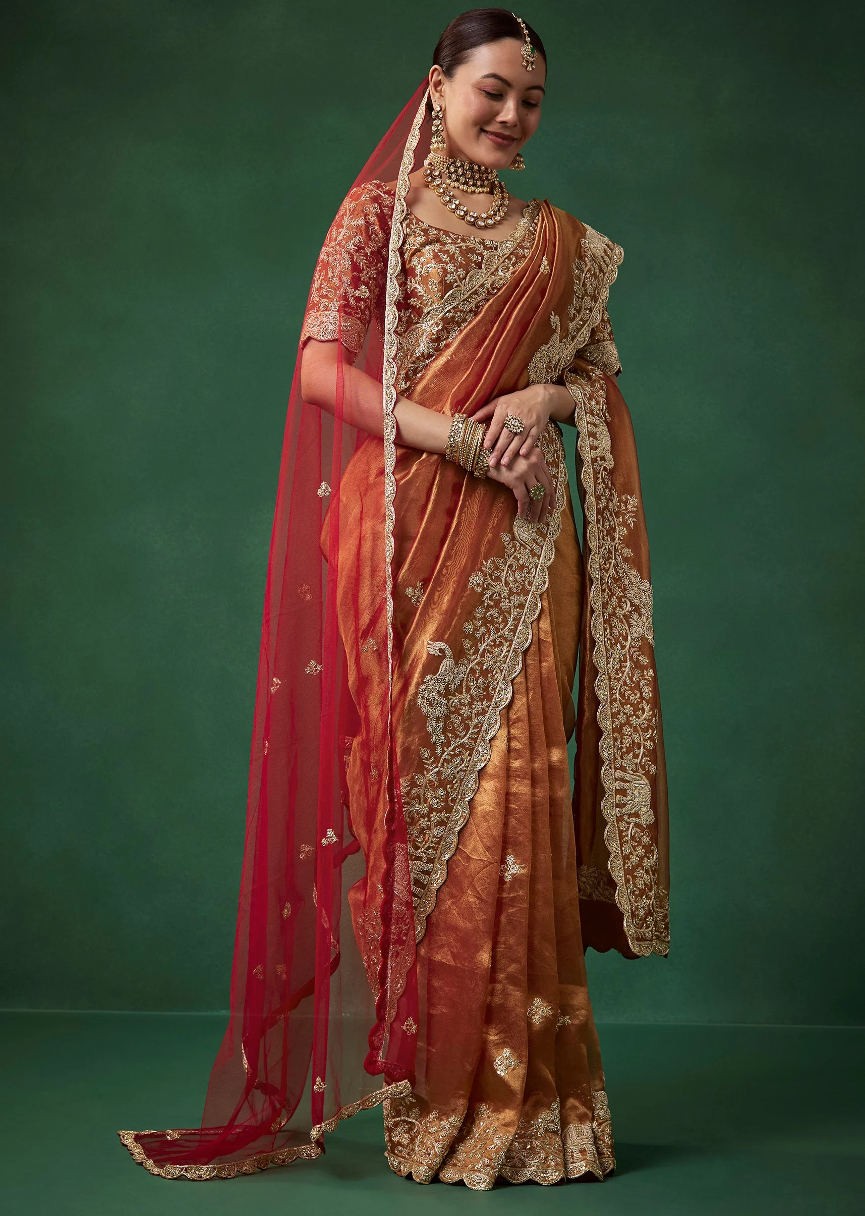 Rust Bridal Silk Organza Saree with Unstitched Blouse - Image 3