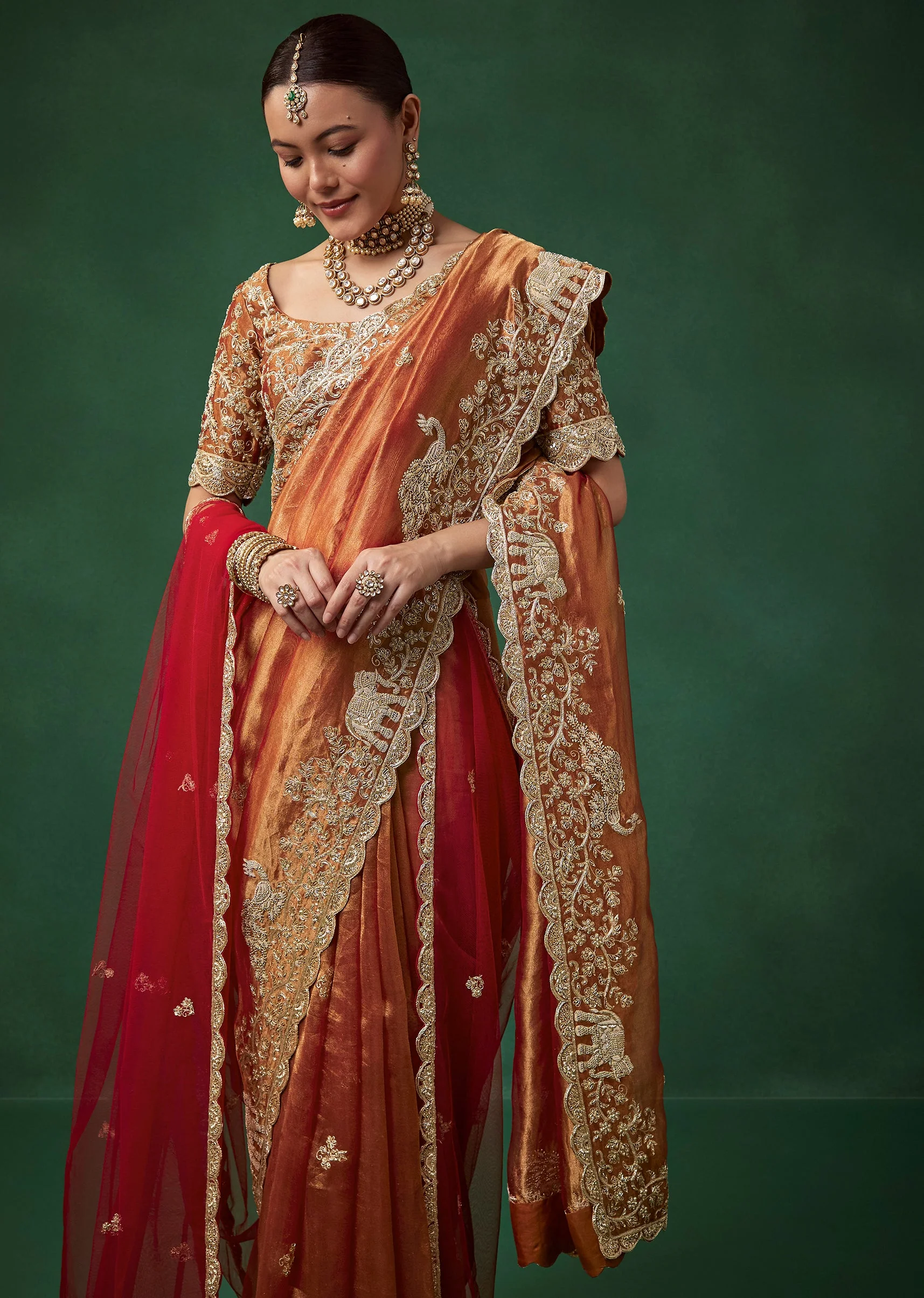 Rust Bridal Silk Organza Saree with Unstitched Blouse - Image 5
