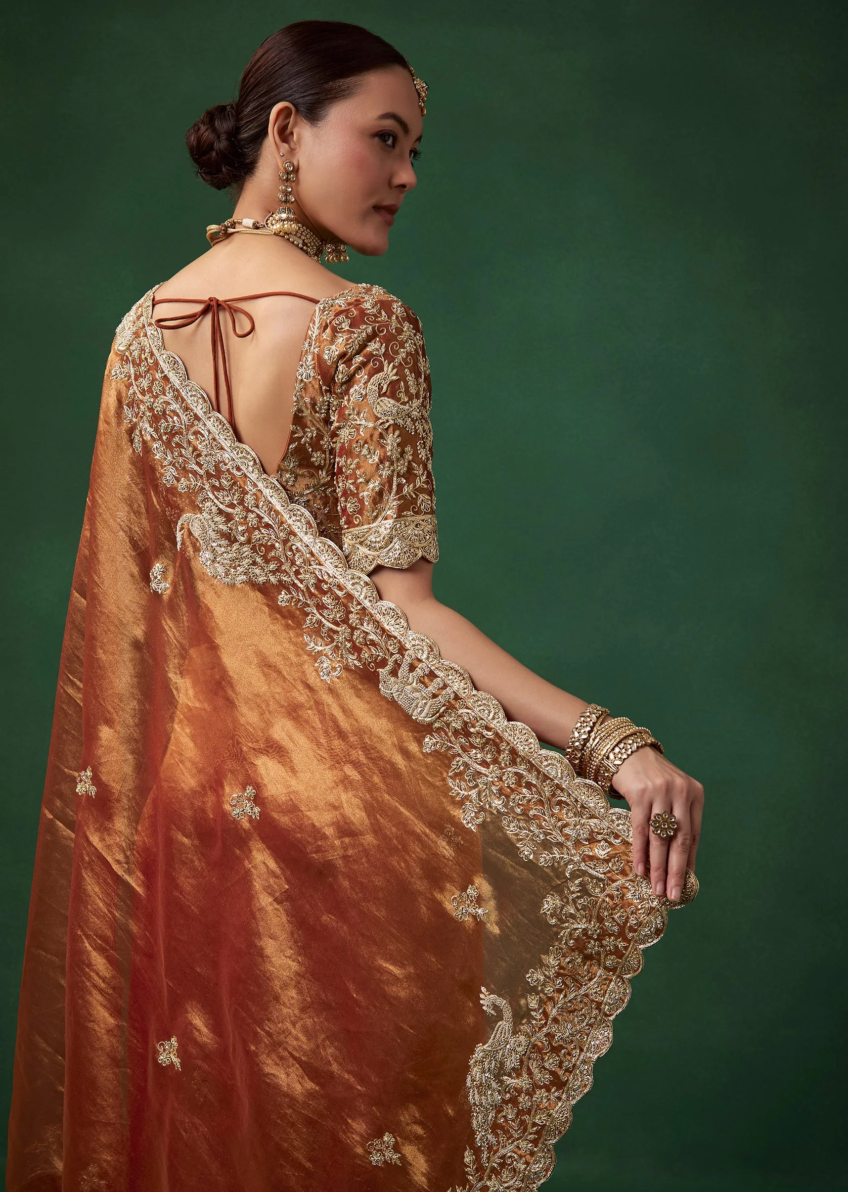 Rust Bridal Silk Organza Saree with Unstitched Blouse - Image 6