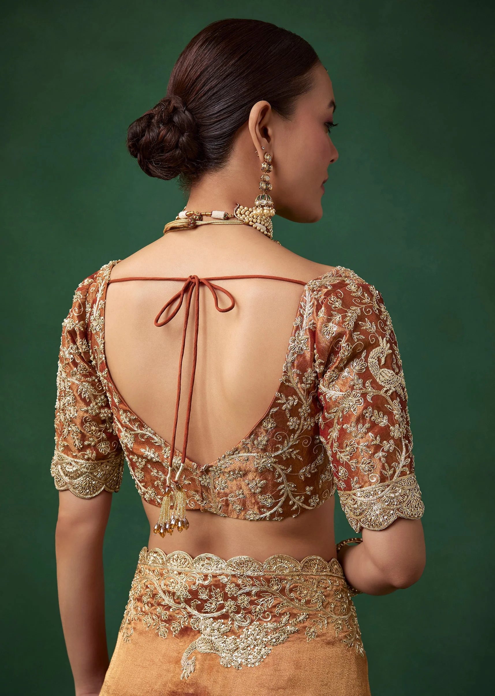 Rust Bridal Silk Organza Saree with Unstitched Blouse - Image 8