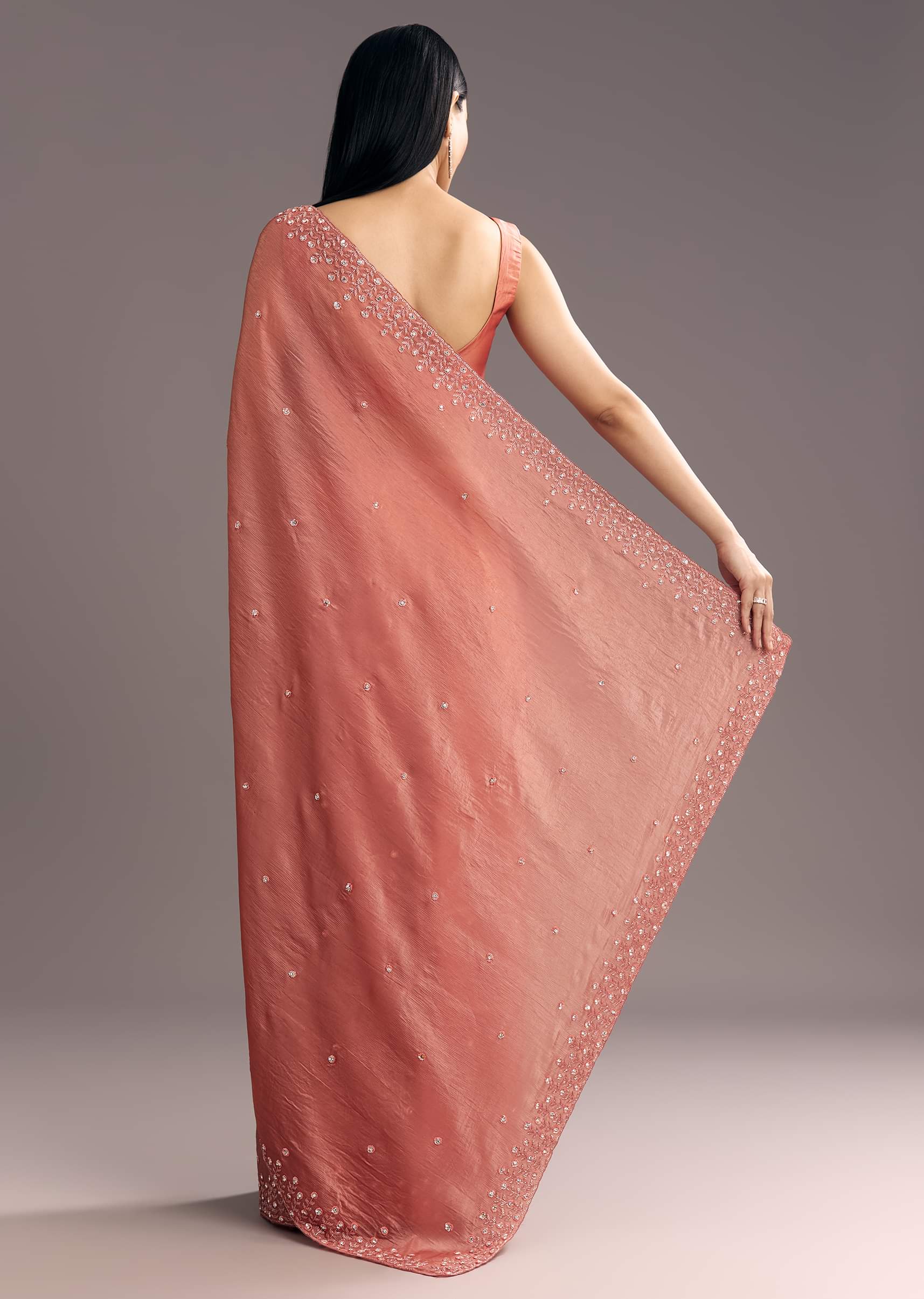 Rust Brown Crushed Tissue Cutdana And Sequin Embroidered Saree - Image 6