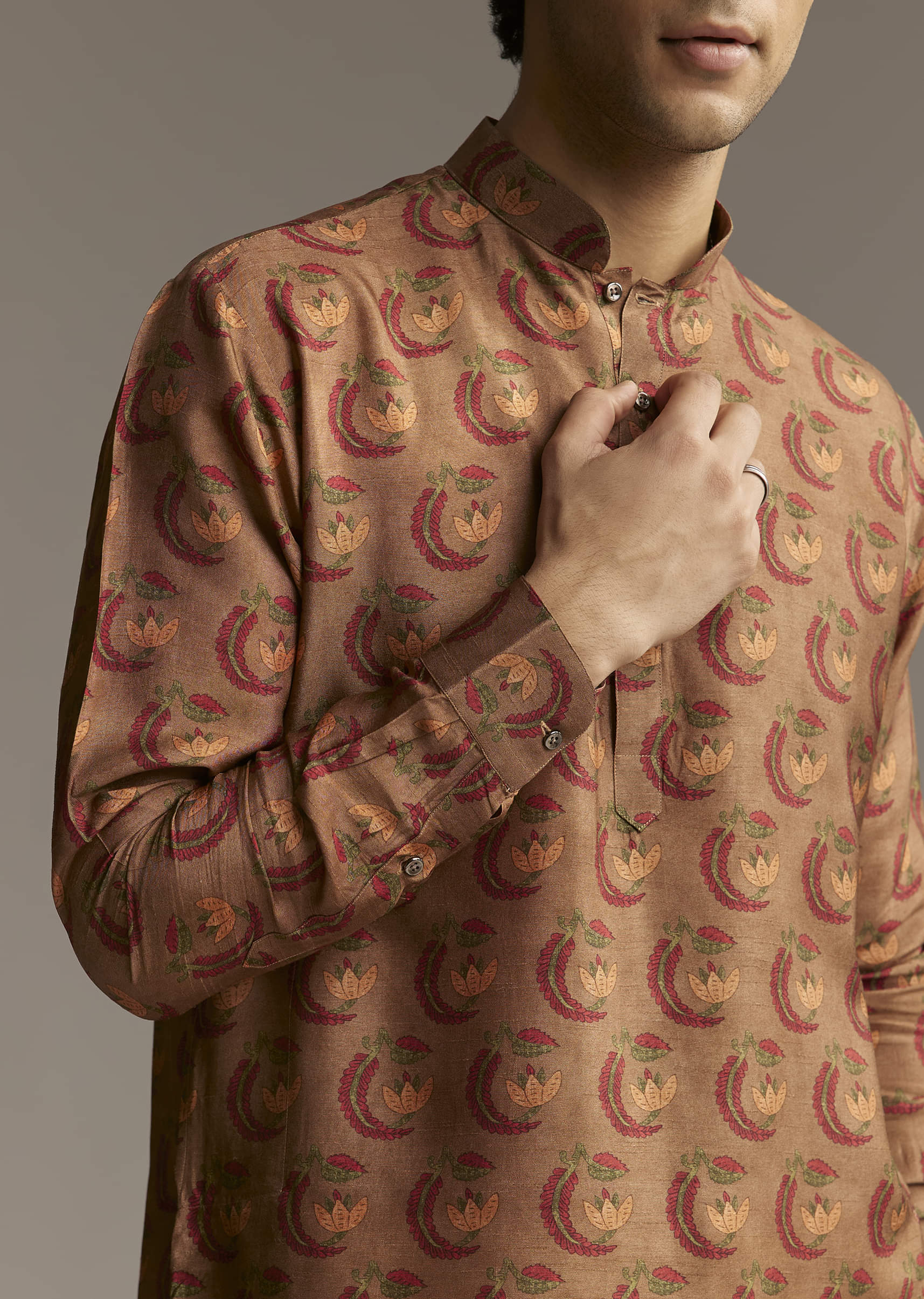 Rust Brown Designer Kurta For Men With Traditional Crescent Motif Print - Image 3