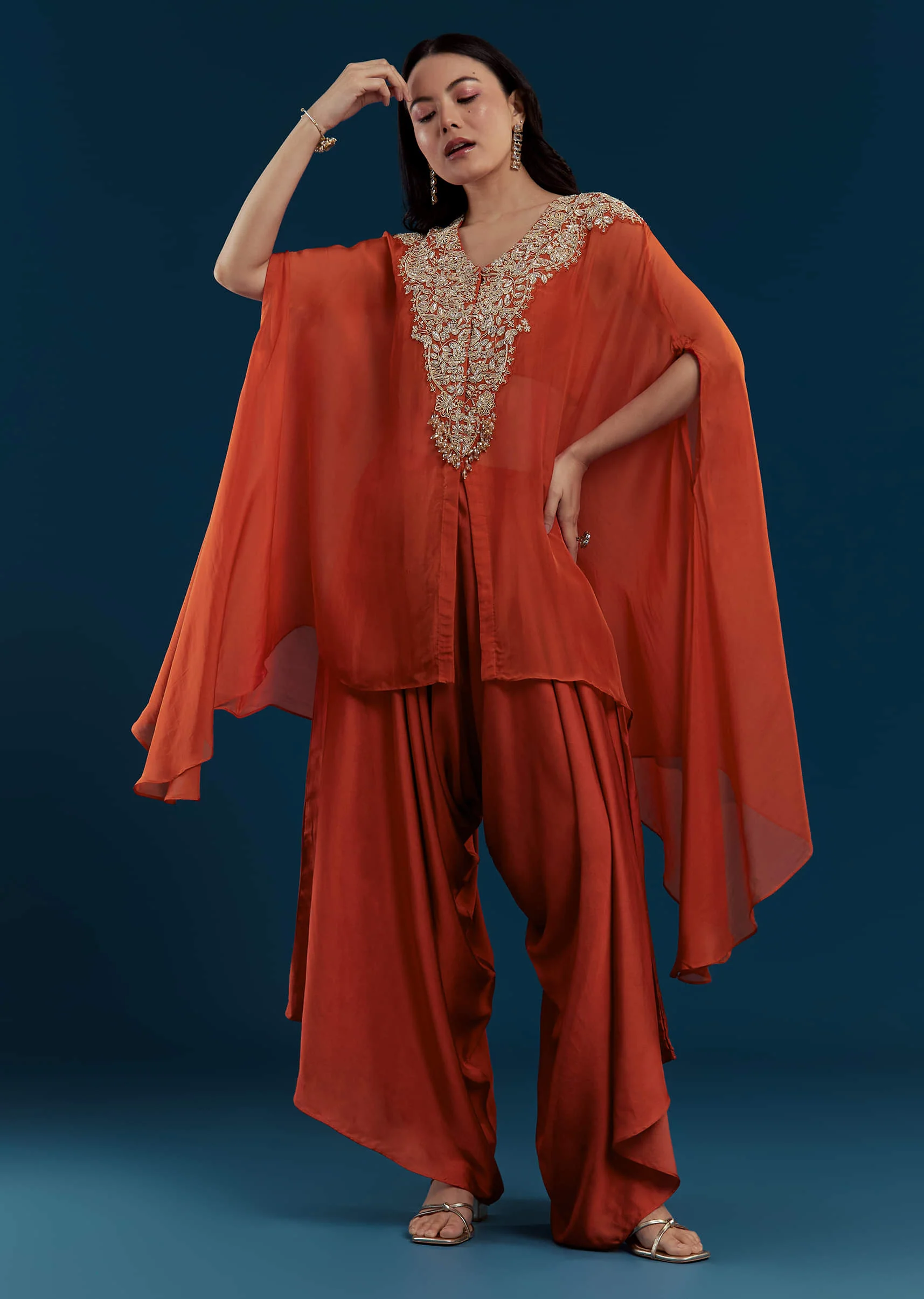 Rust Cape and Palazzo Set with Zardozi Work - Image 3