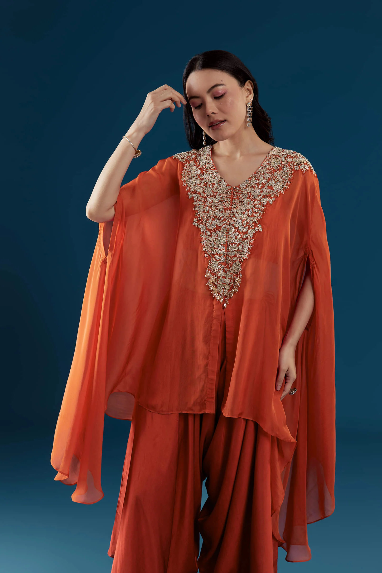 Rust Cape and Palazzo Set with Zardozi Work - Image 4