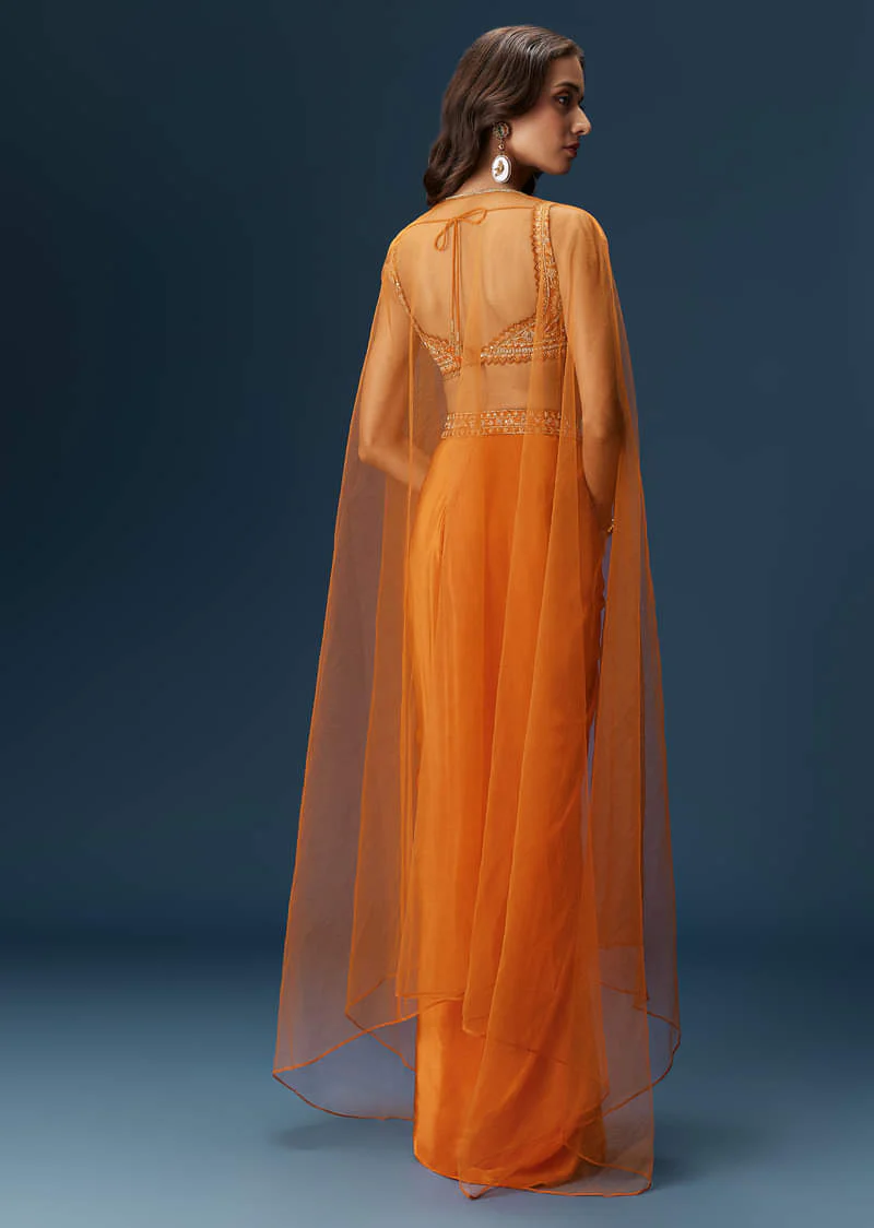 Rust Dhoti Skirt Set With Embellished Blouse And Tassel Net Dupatta - Image 3