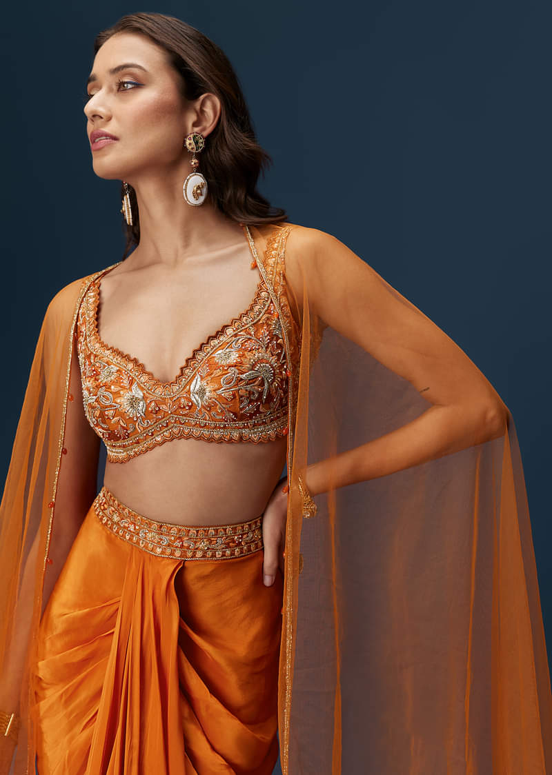 Rust Dhoti Skirt Set With Embellished Blouse And Tassel Net Dupatta - Image 4