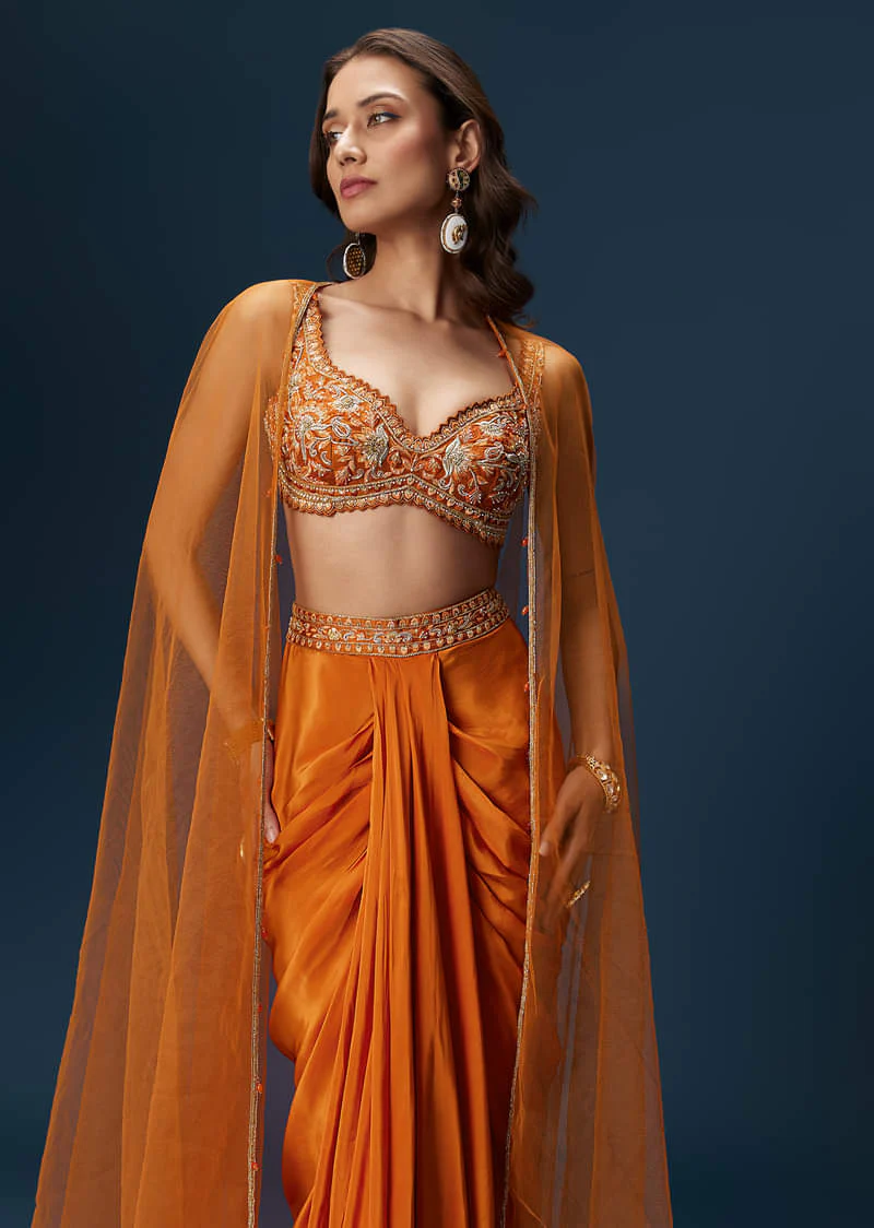 Rust Dhoti Skirt Set With Embellished Blouse And Tassel Net Dupatta - Image 5