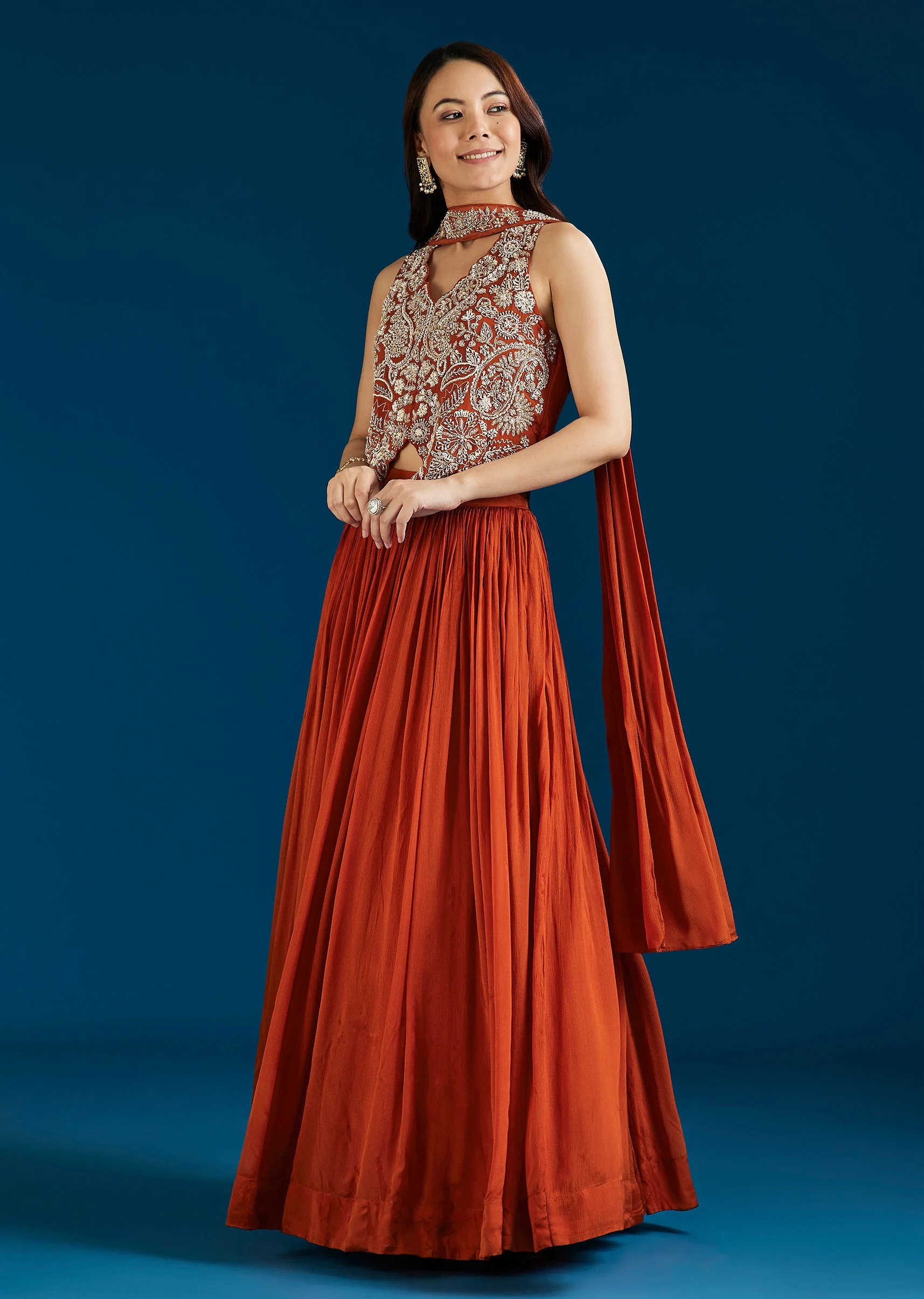 Rust Embellished Crop Top Skirt Set With Dupatta - Image 3