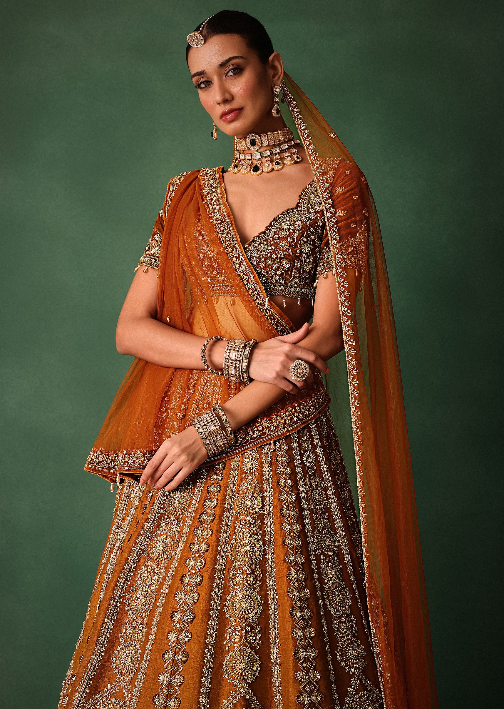 Rust Embroidered Bridal Lehenga With Deep Neckline Blouse And Dupatta - Image 5