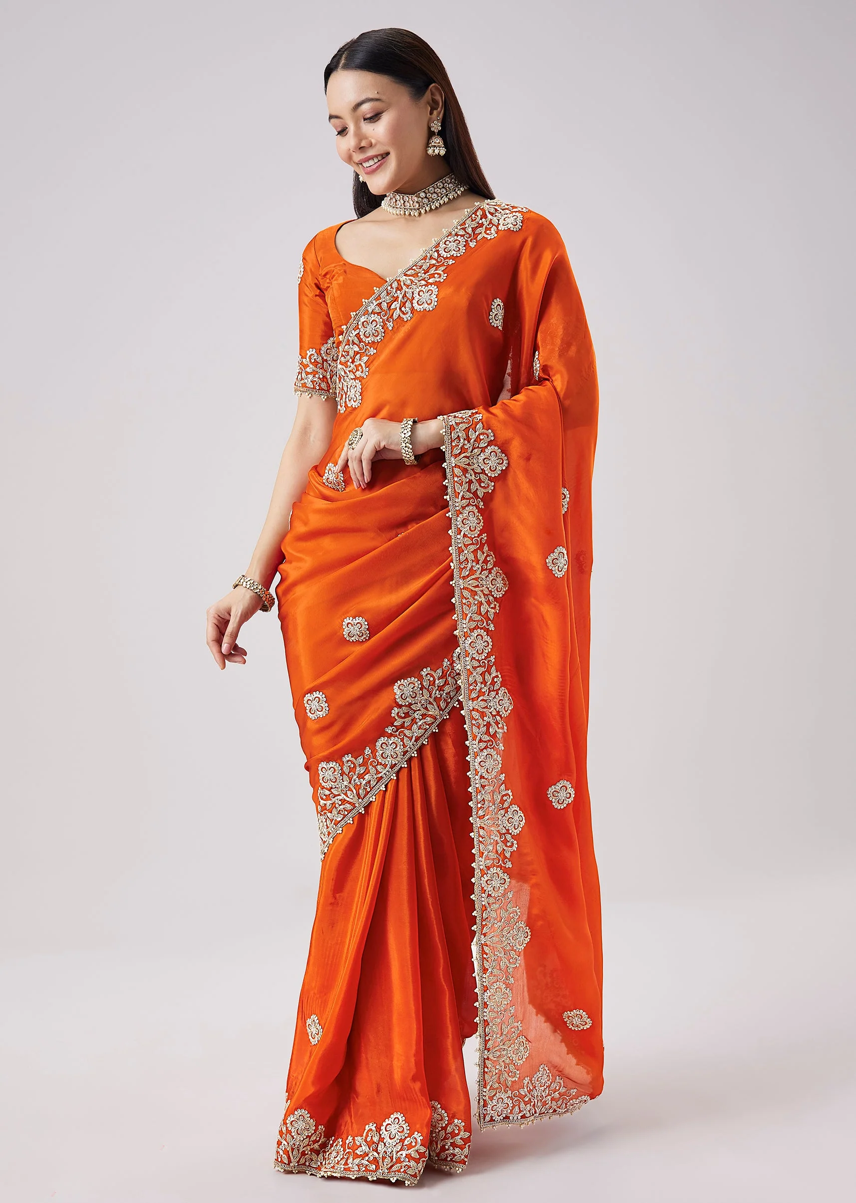 Rust Embroidered Motif Saree With Unstitched Blouse - Image 3