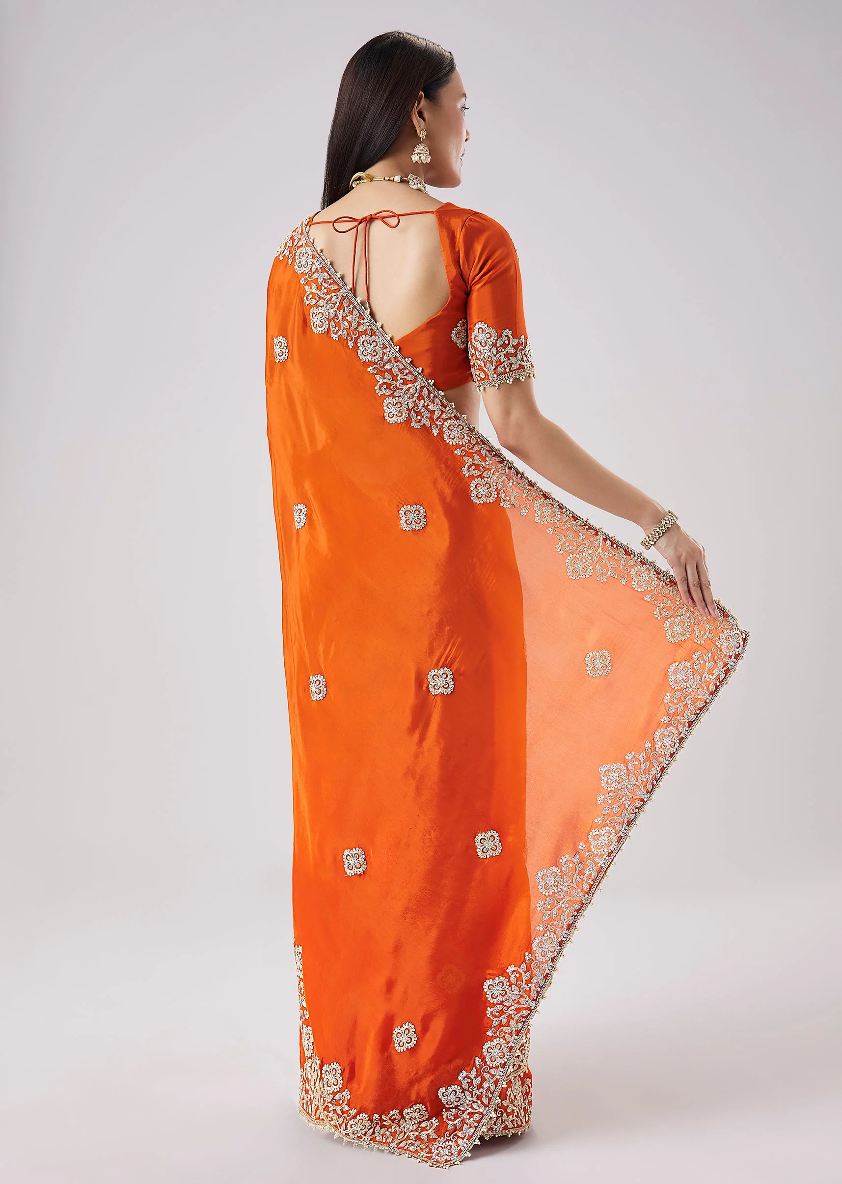 Rust Embroidered Motif Saree With Unstitched Blouse - Image 4