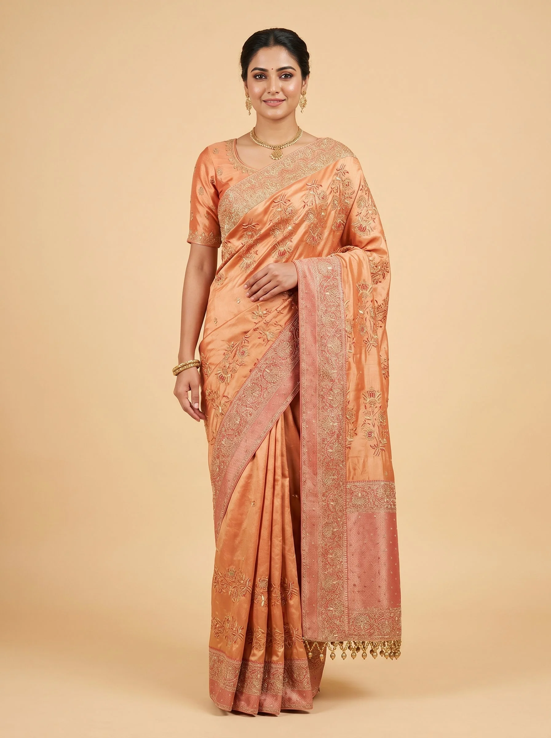 Rust embroidered saree with rich motifs