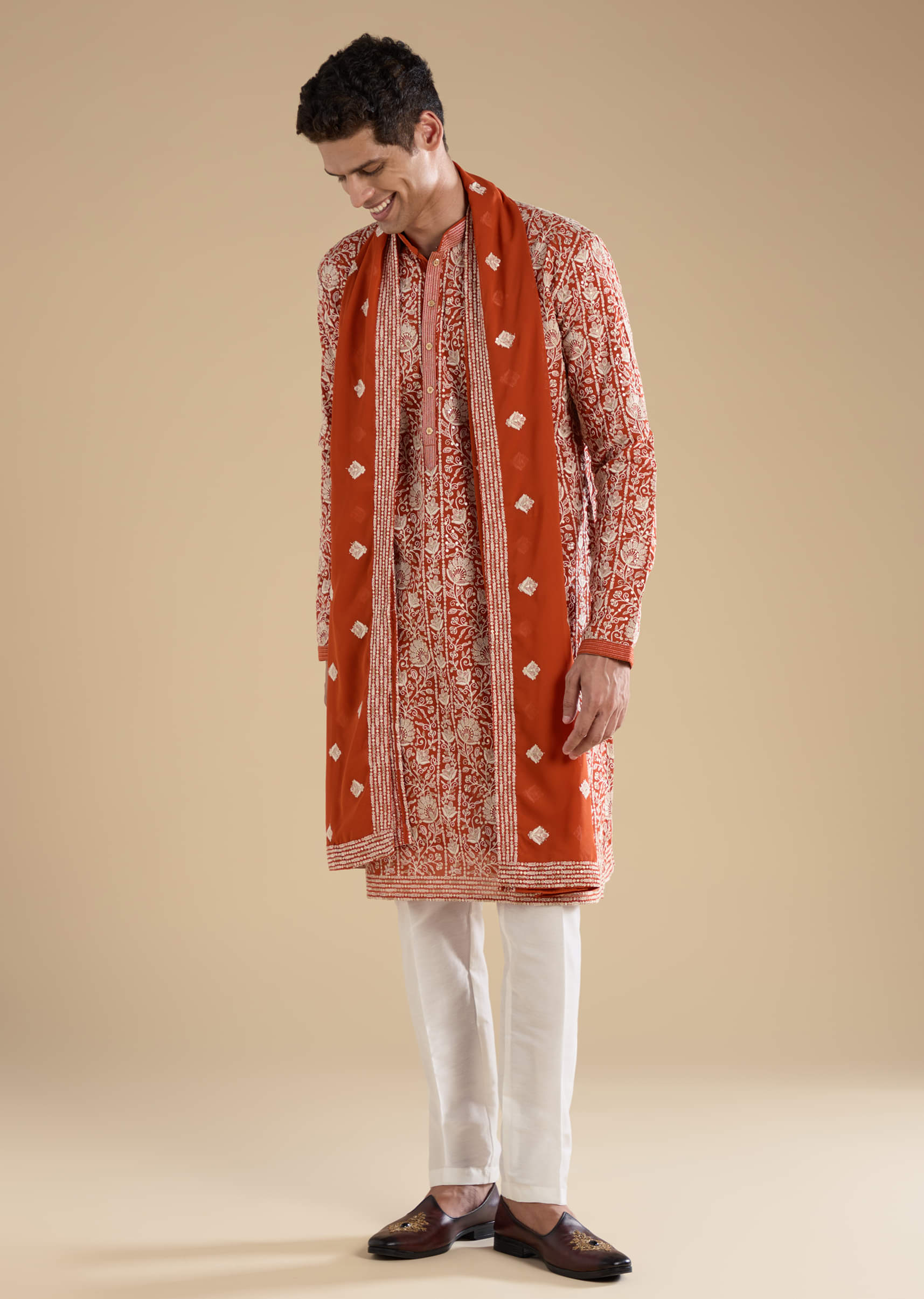 Rust Embroidered Silk Kurta Set with Dupatta - Image 3