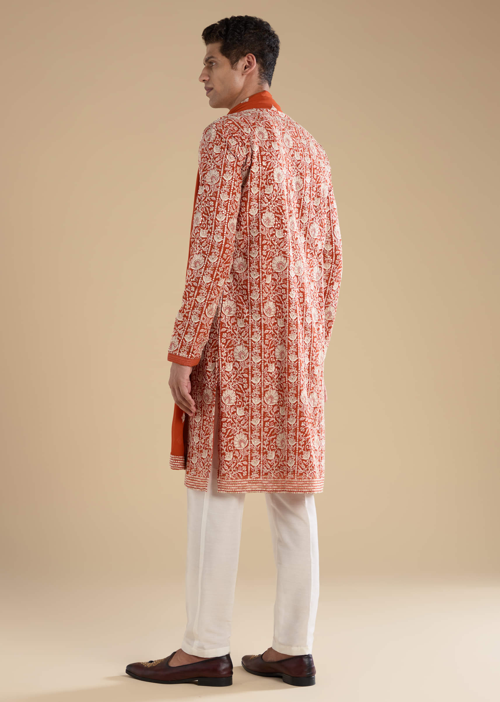 Rust Embroidered Silk Kurta Set with Dupatta - Image 5