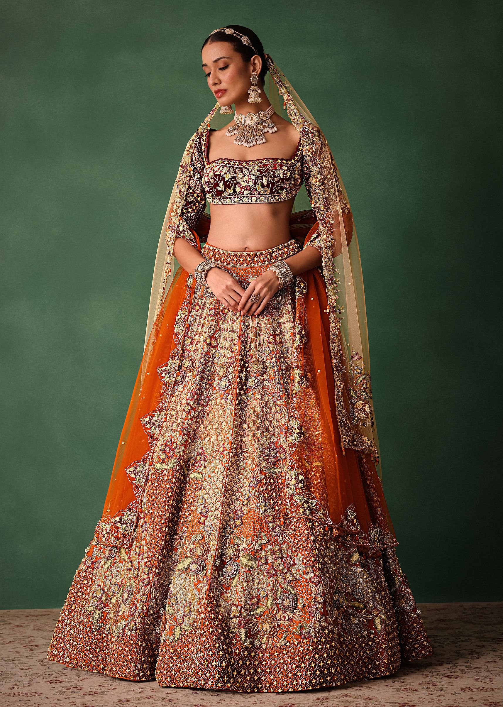 Rust Hand Work Lehenga With Velvet Blouse And Dupatta - Image 3