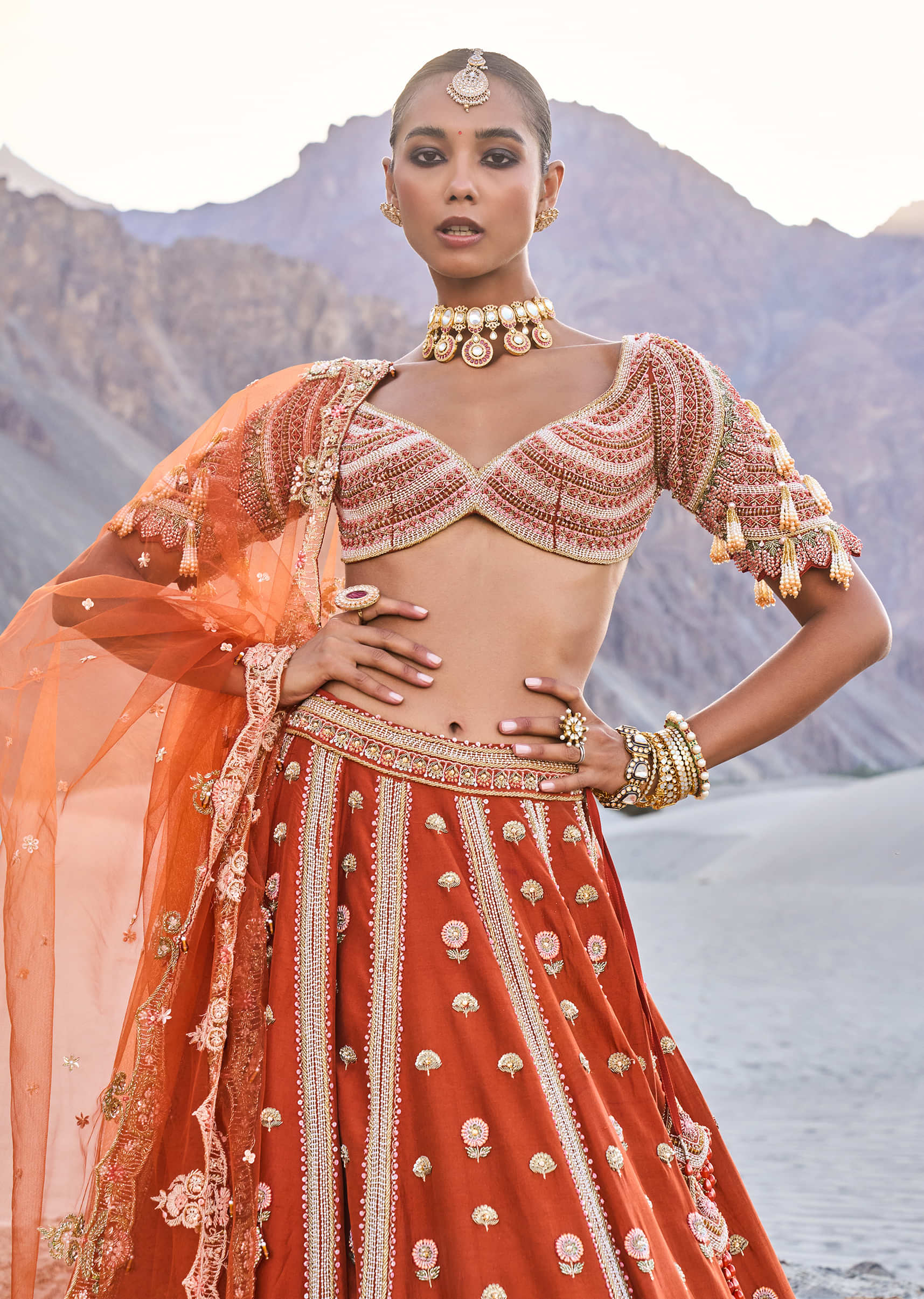 Rust Lehenga With Moti Embroidered Two Dupattas - Image 3