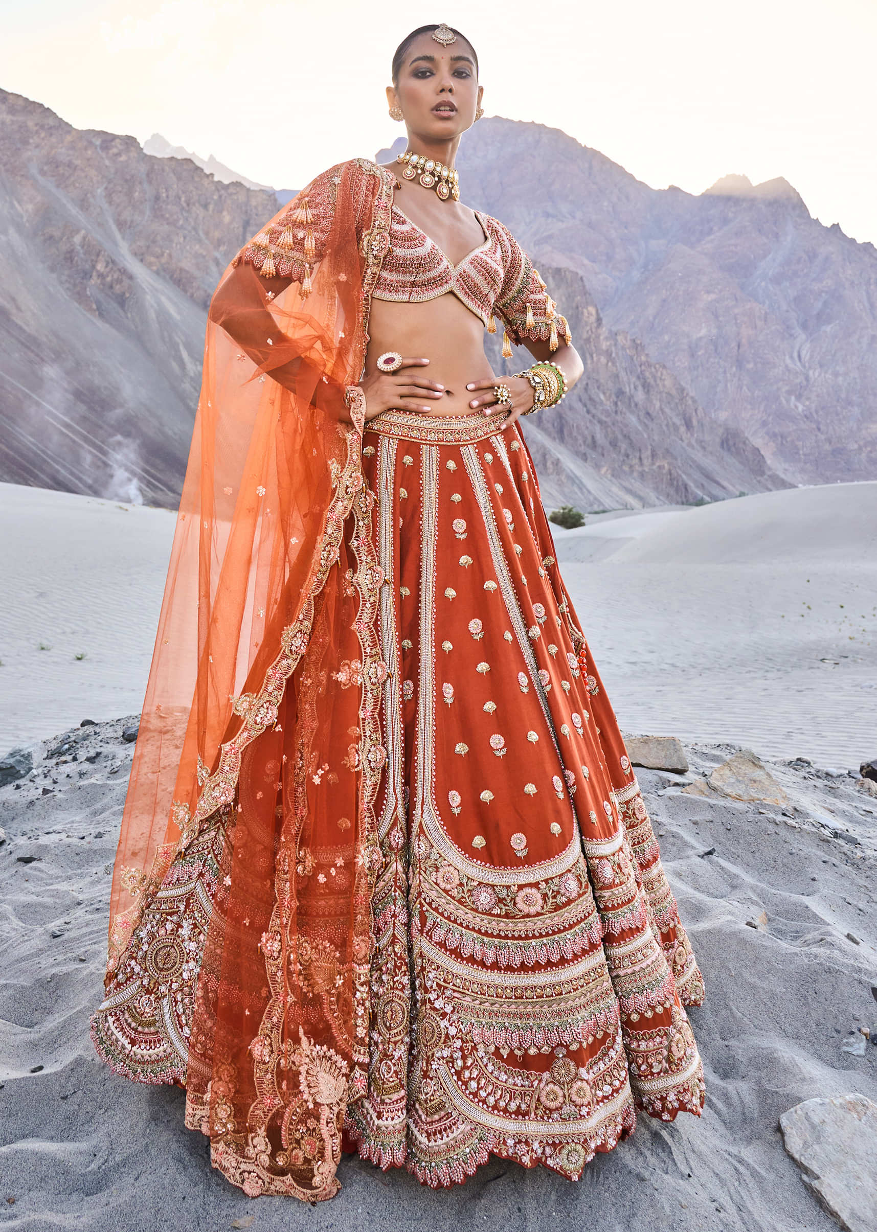 Rust Lehenga With Moti Embroidered Two Dupattas - Image 5