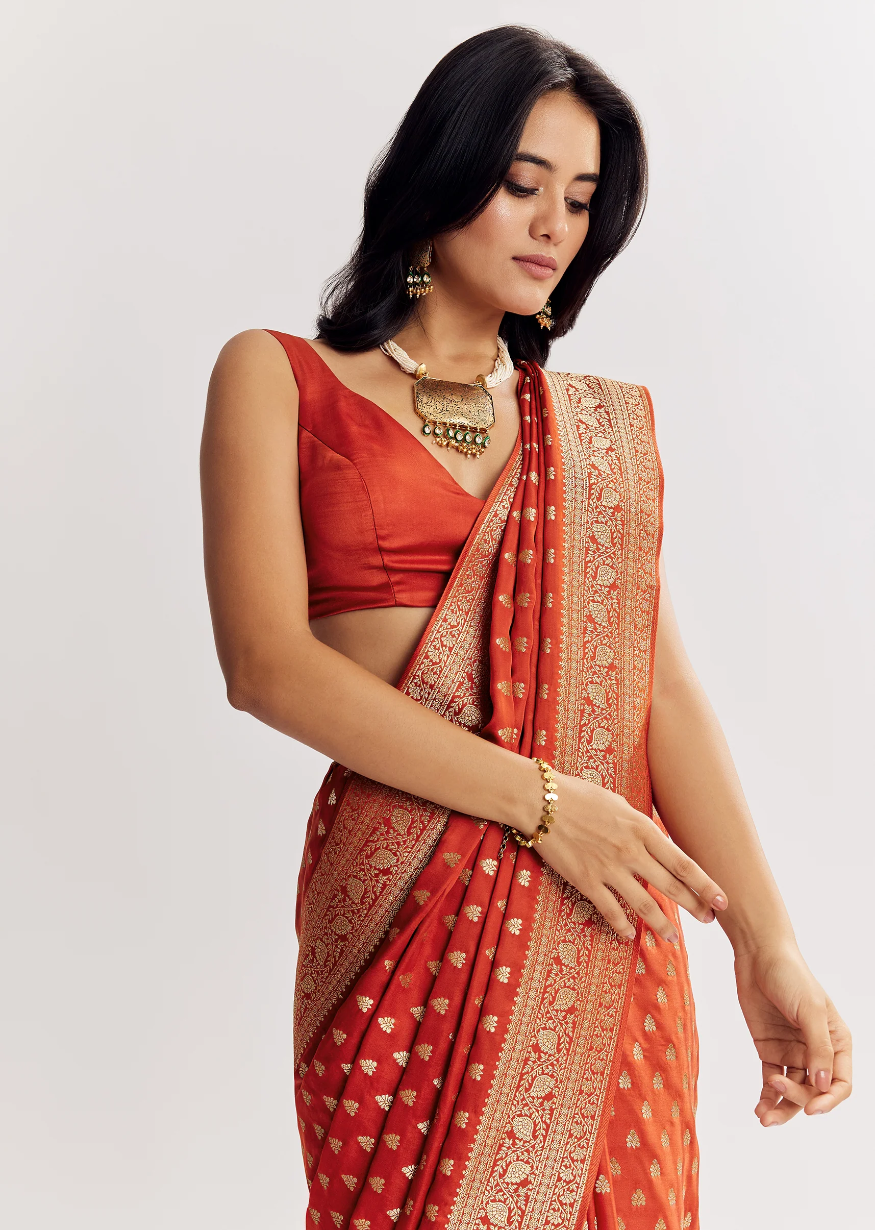 Rust Orange Dola Silk Saree With Butti And Woven Border - Image 4