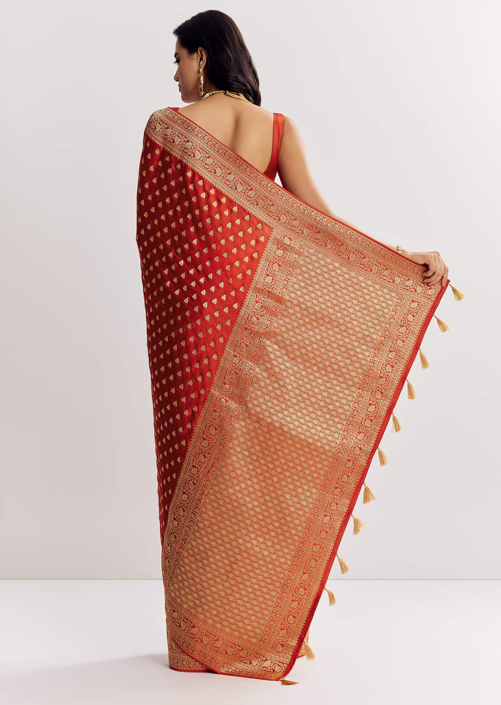 Rust Orange Dola Silk Saree With Butti And Woven Border - Image 5