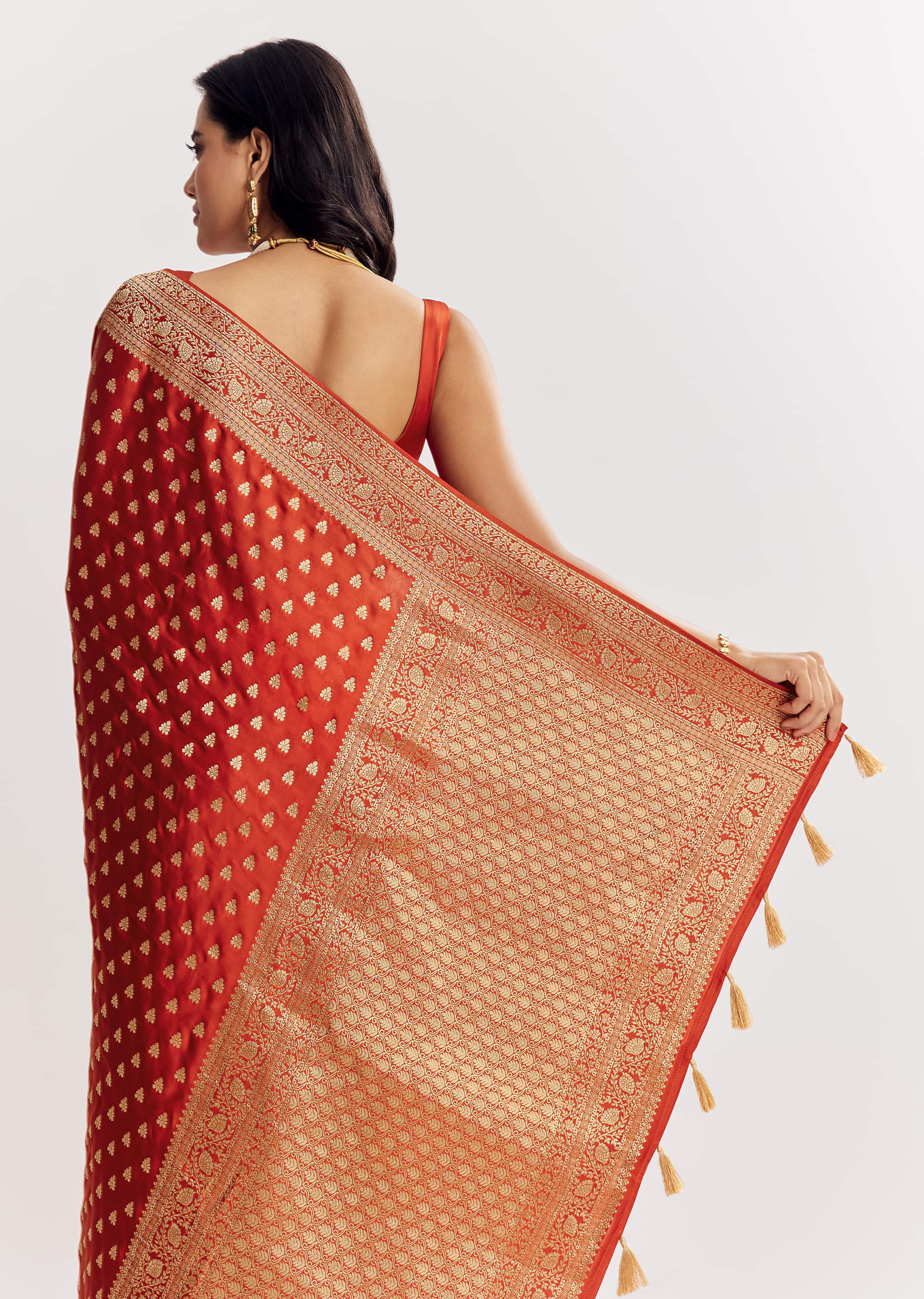 Rust Orange Dola Silk Saree With Butti And Woven Border - Image 6