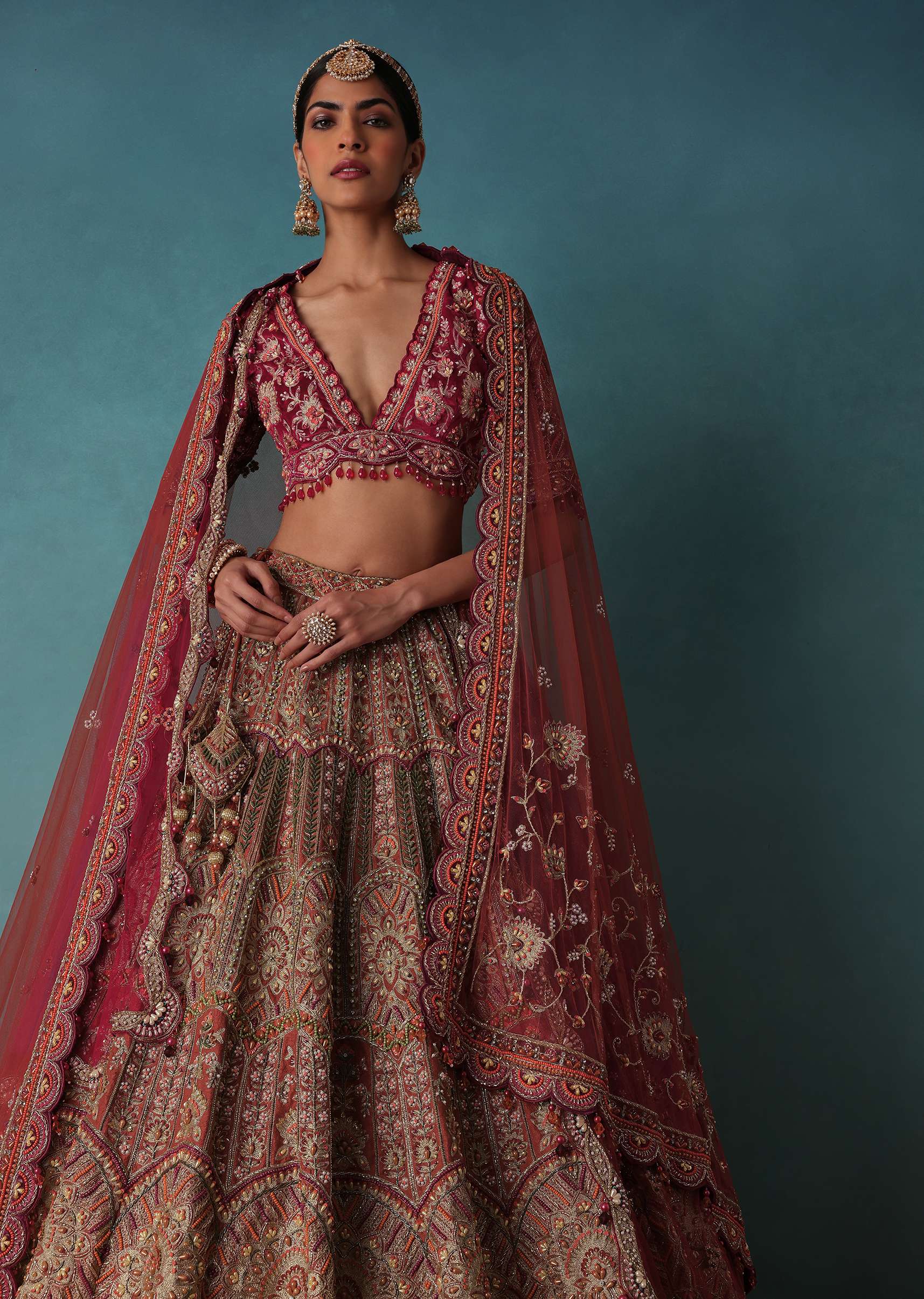 Rust Orange Embroidered Bridal Lehenga Set With Aari Work - Image 2