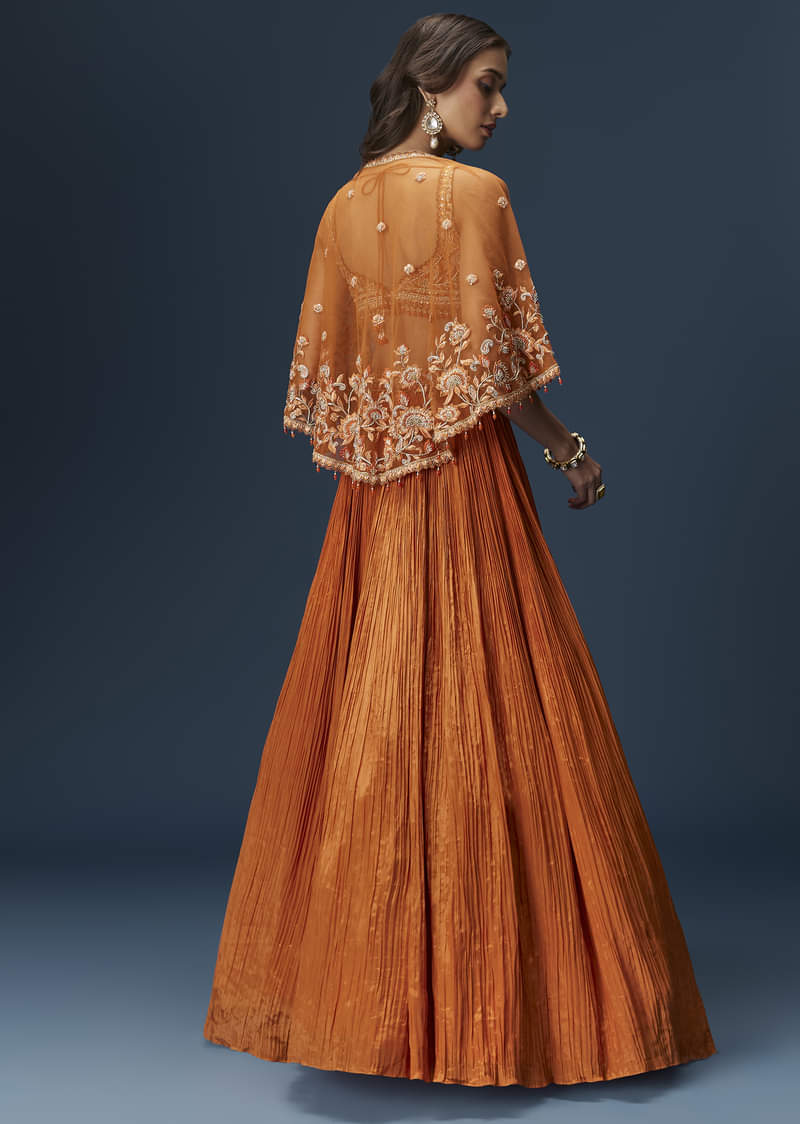 Rust Orange Embroidered Lehenga With Dramatic Cape And Blouse - Image 3