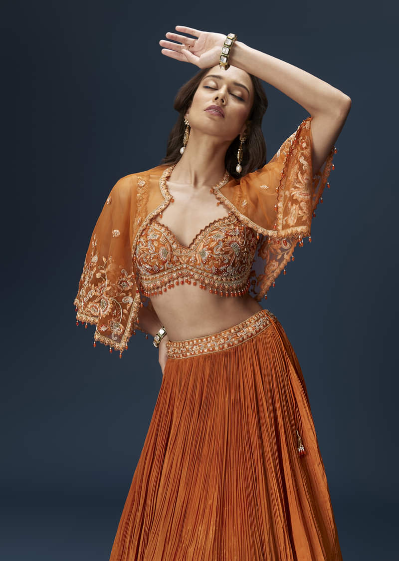Rust Orange Embroidered Lehenga With Dramatic Cape And Blouse - Image 5