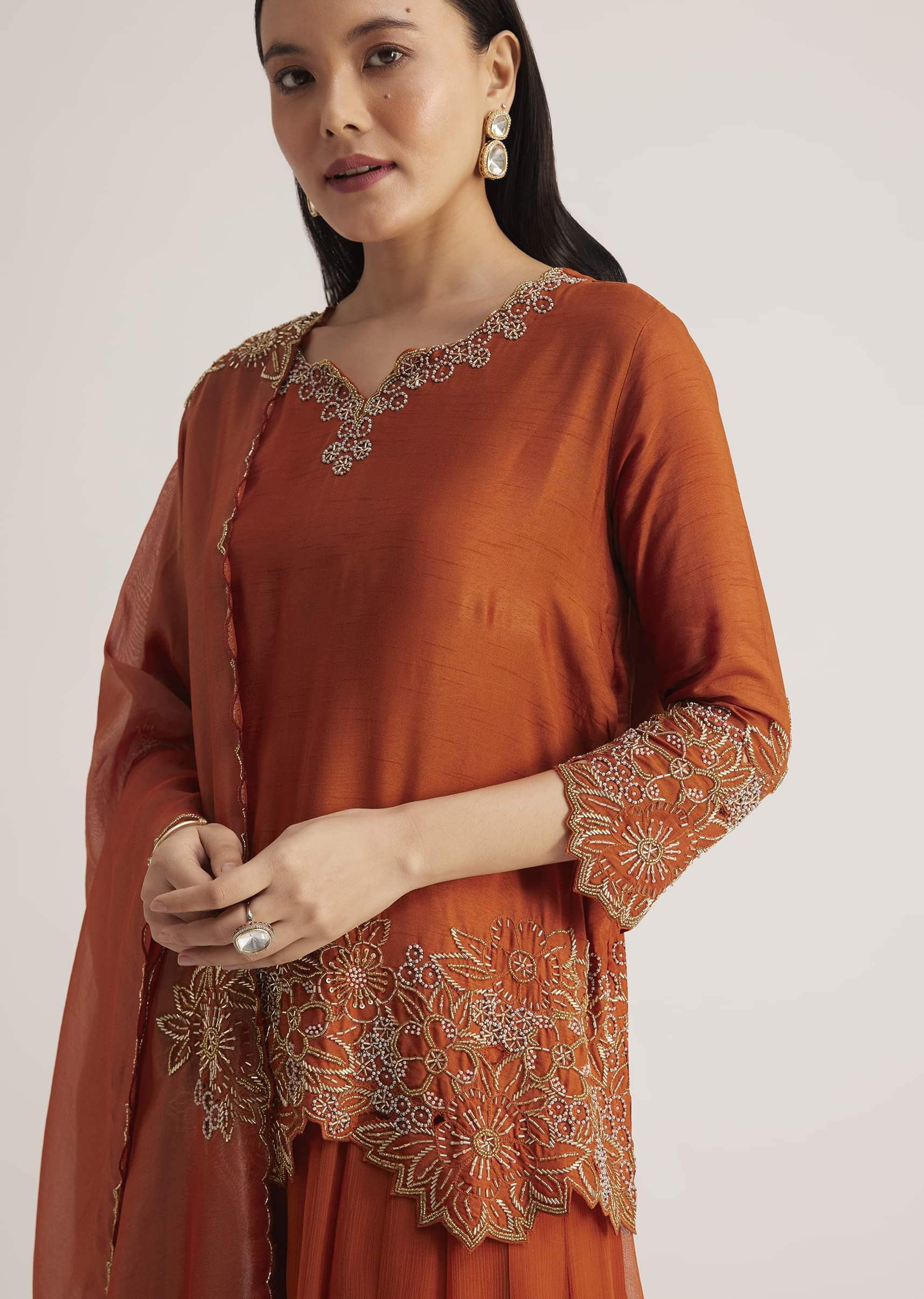 Rust Orange Palazzo Suit With Cutwork Detailing - Image 3