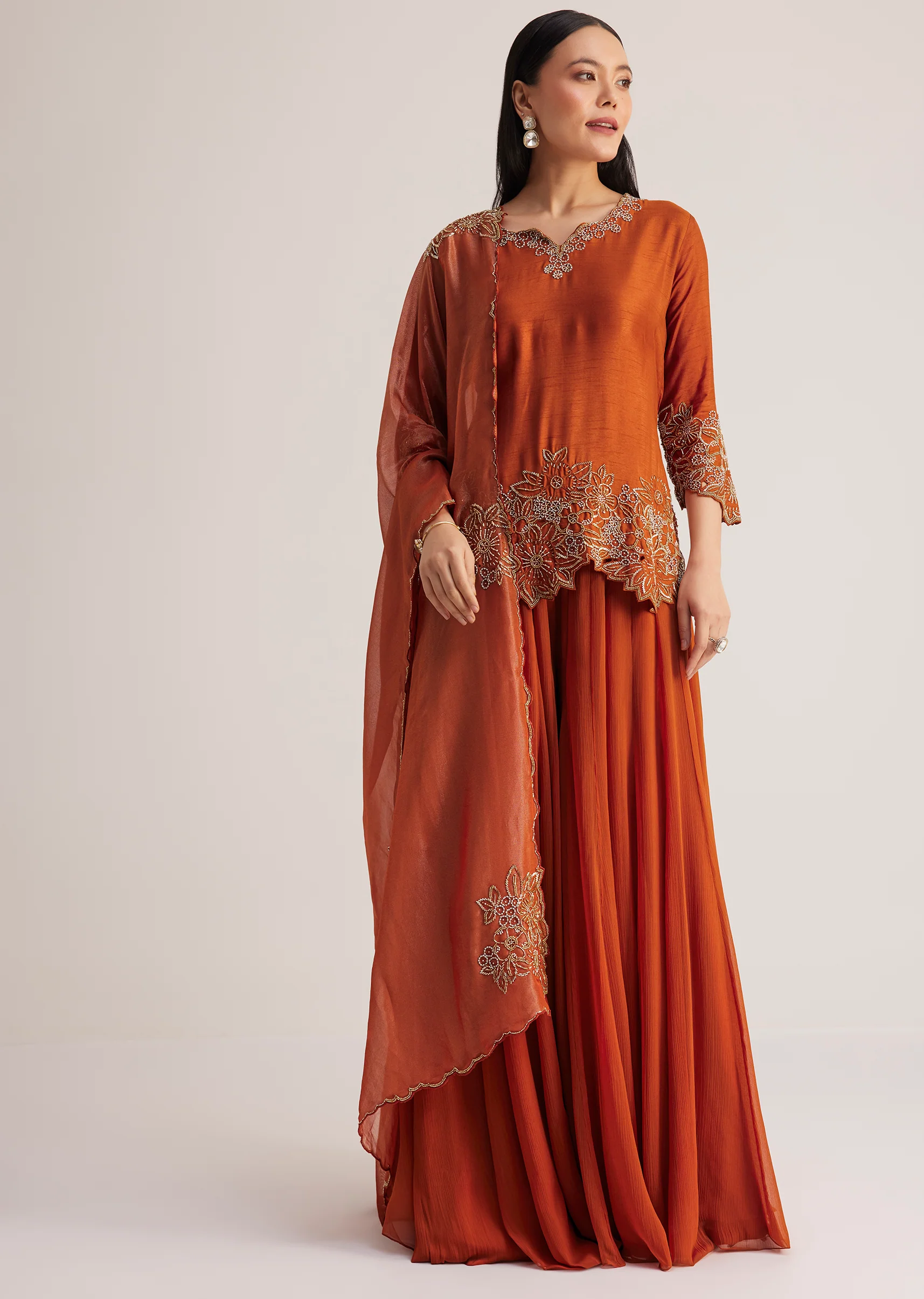 Rust Orange Palazzo Suit With Cutwork Detailing - Image 4