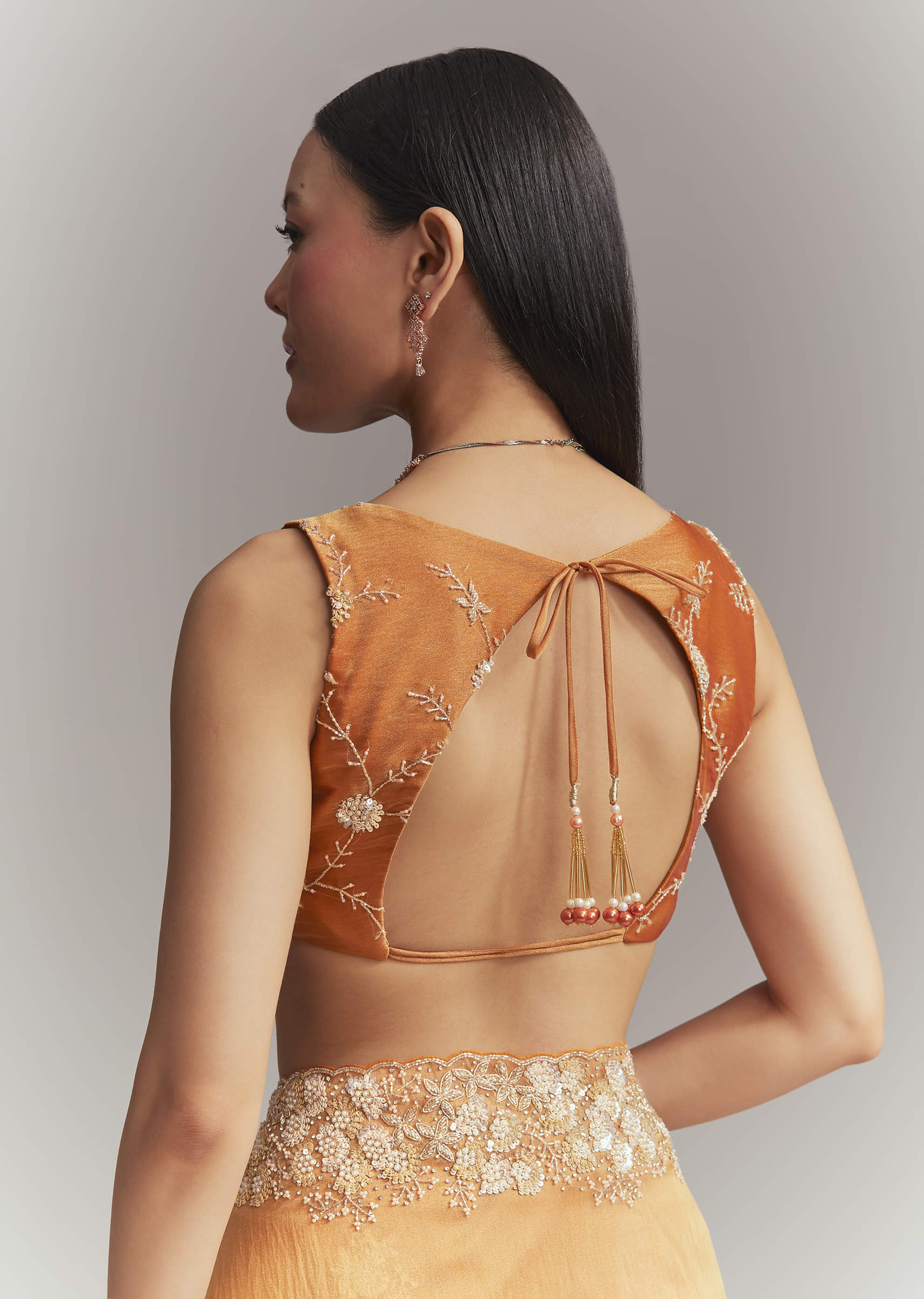 Rust Orange Georgette Embroidered Saree With Heavy Hand Embroidery - Image 8