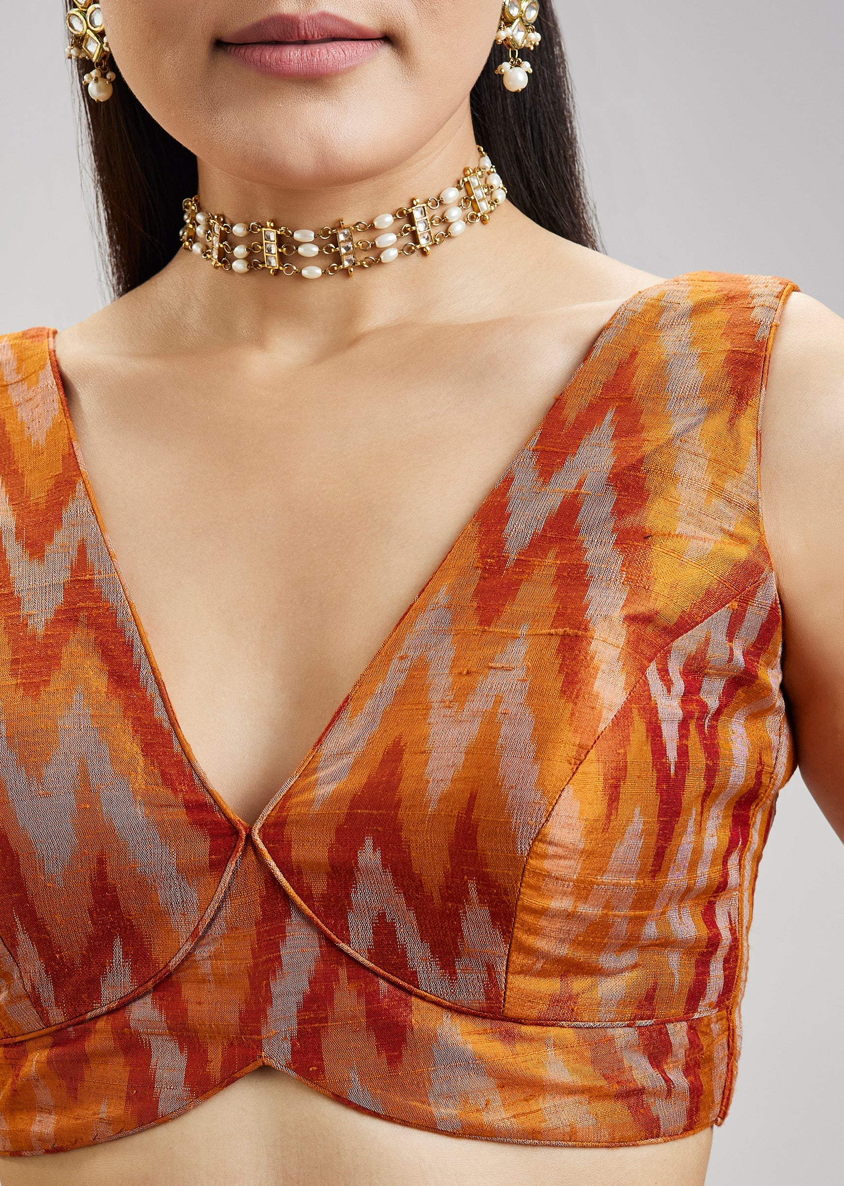 Rust Orange Pure Tussar Silk Ikat Potal Stitched Blouse - Image 3