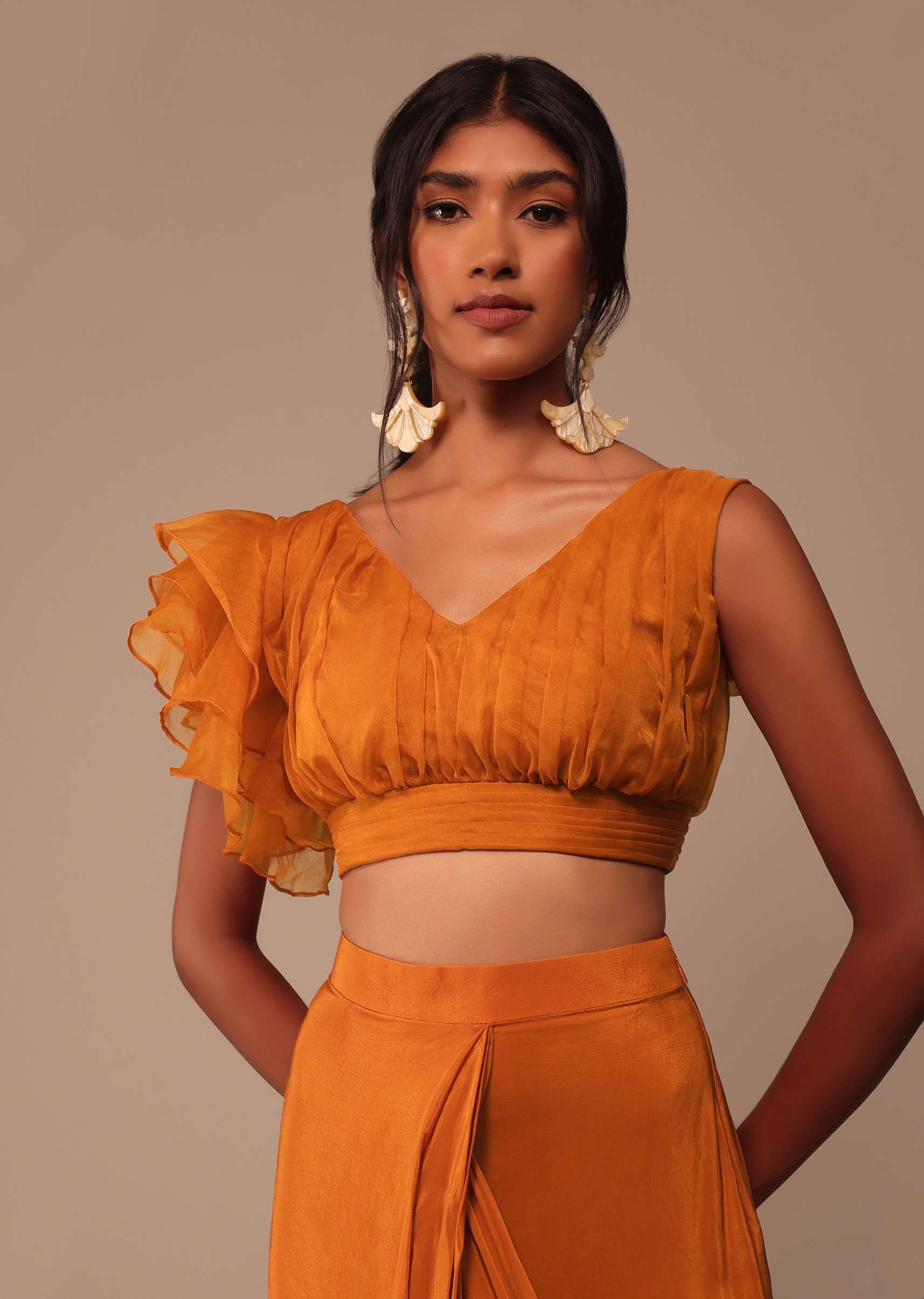 Rust Orange Pre Drape Saree With Fancy Ruffle Blouse And Embroidered Belt - Image 6