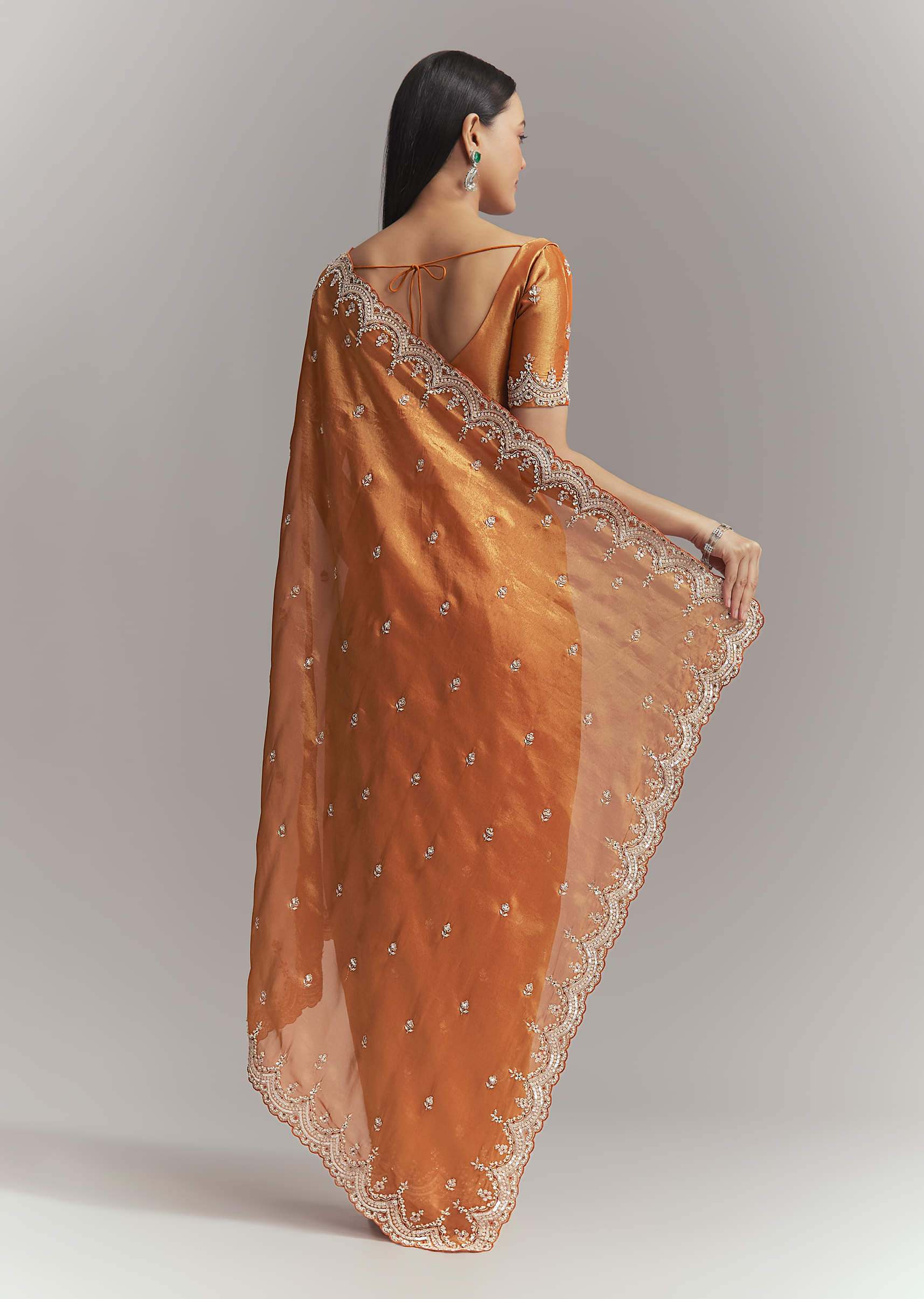 Rust Orange Silk Embroidered Saree With Heavy Hand Embroidery - Image 5